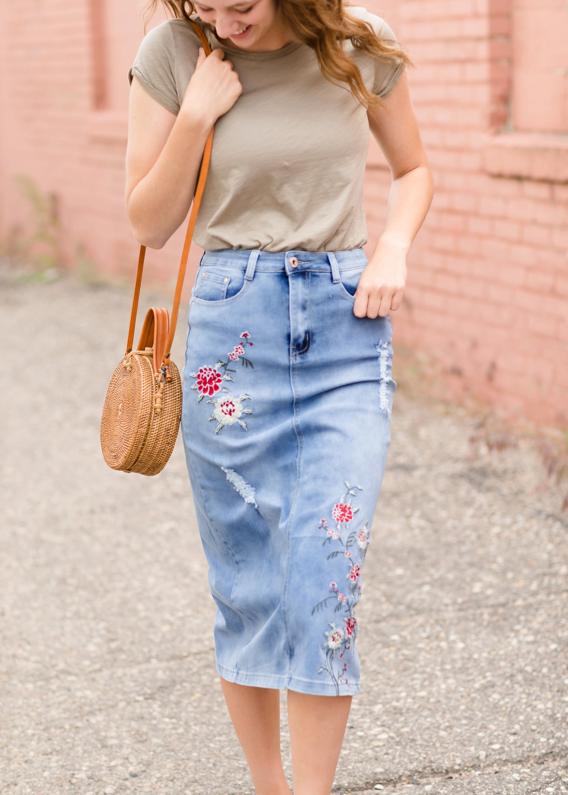 Vintage Embroidered Denim Midi Skirt Skirts
