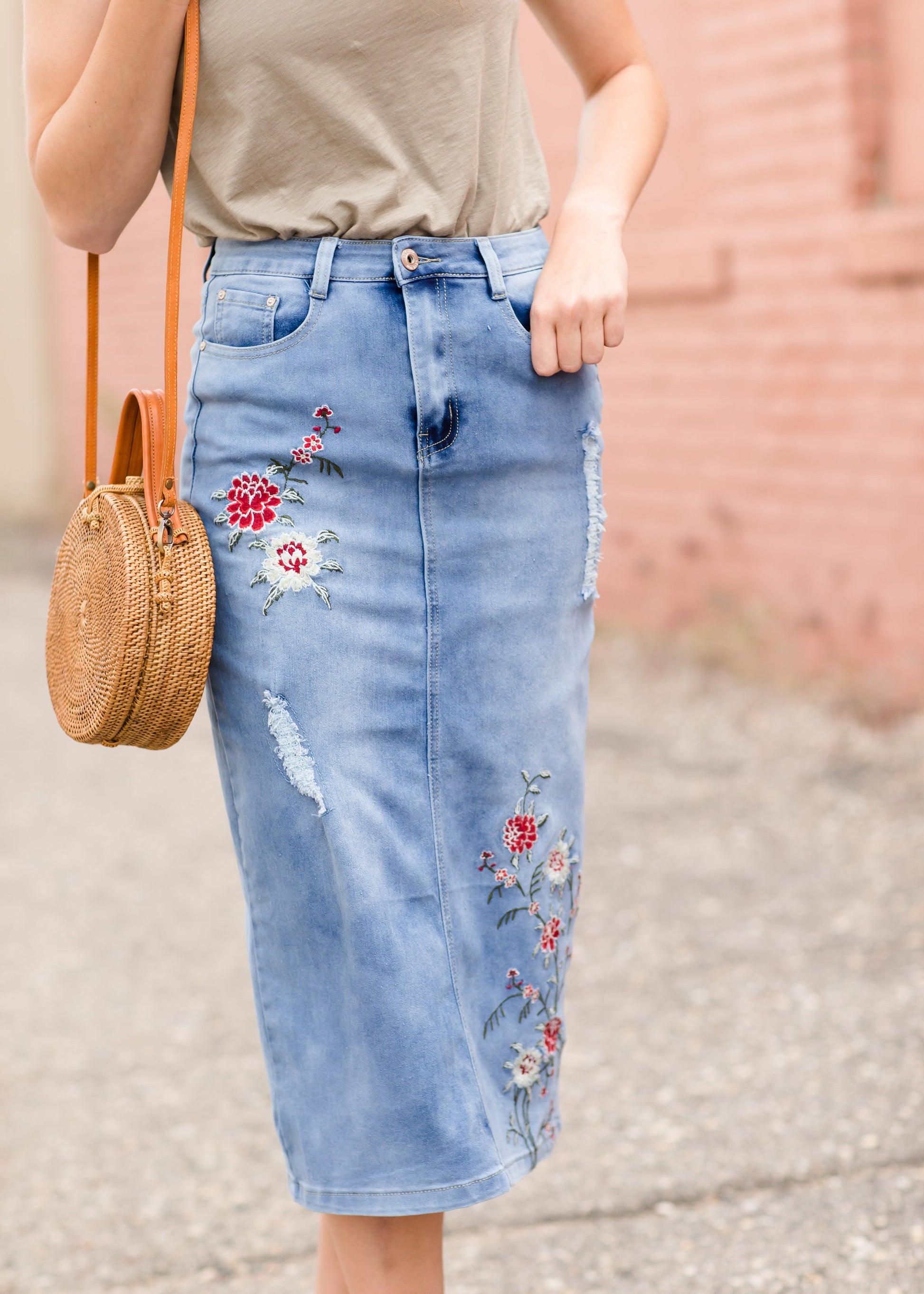 Vintage Embroidered Denim Midi Skirt Skirts