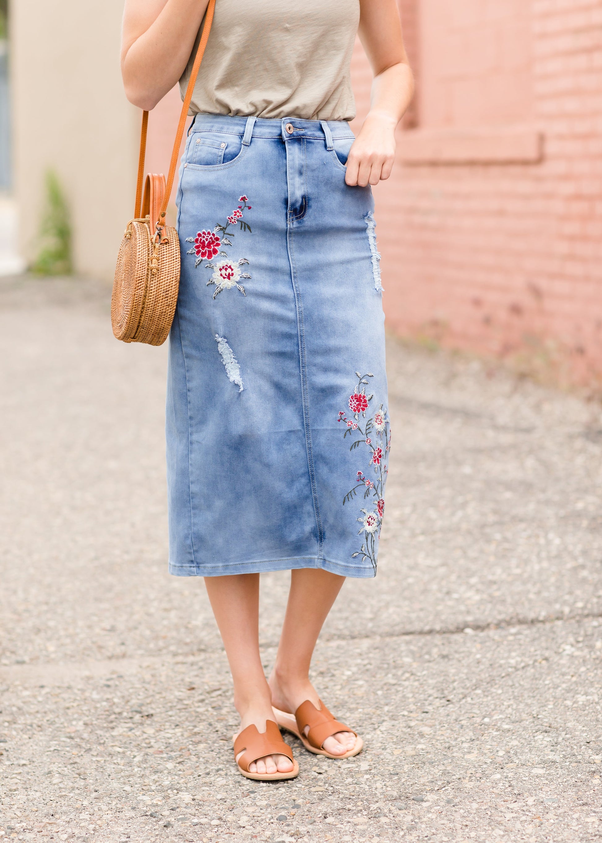 Vintage Embroidered Denim Midi Skirt Skirts