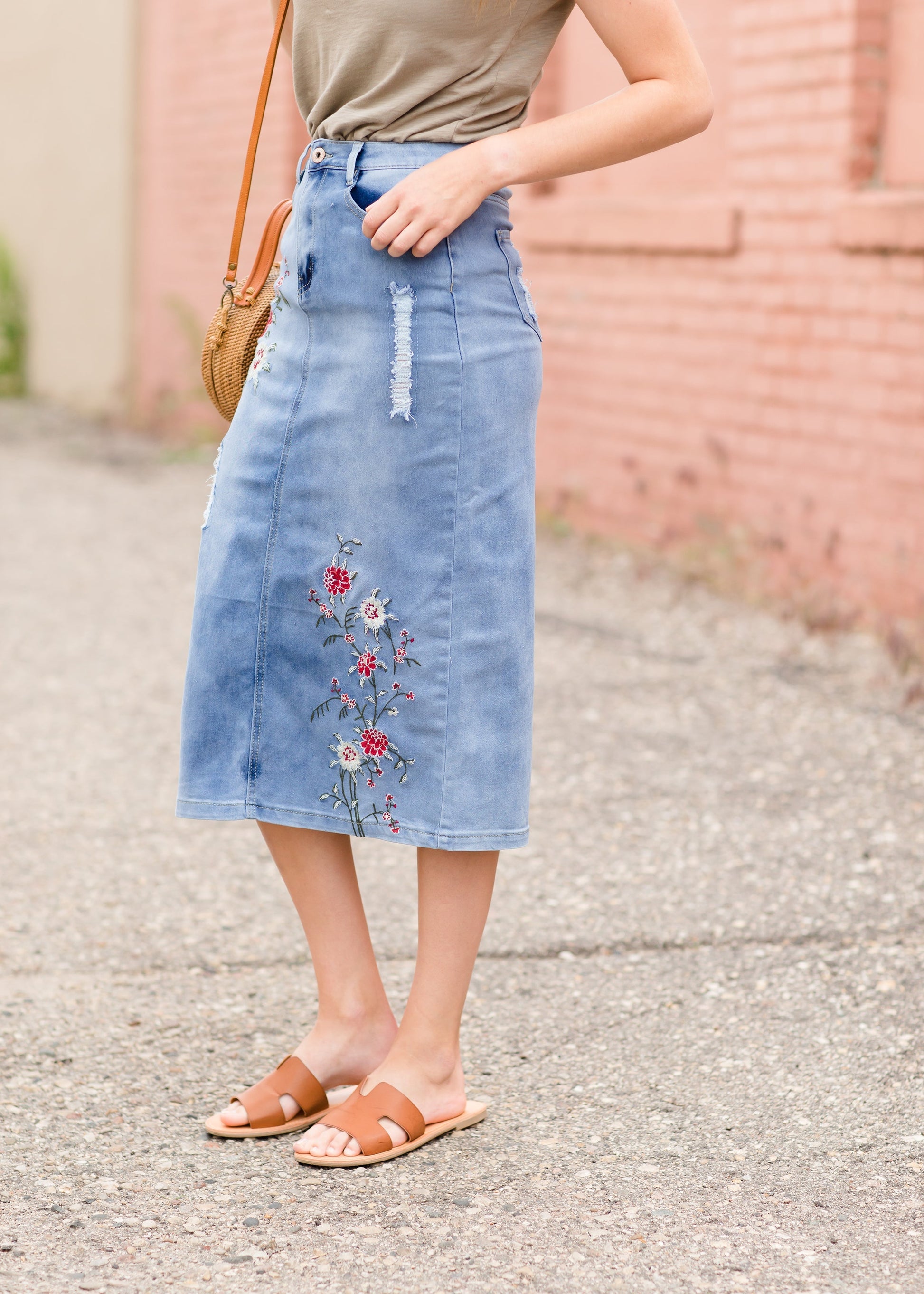 Vintage Embroidered Denim Midi Skirt Skirts
