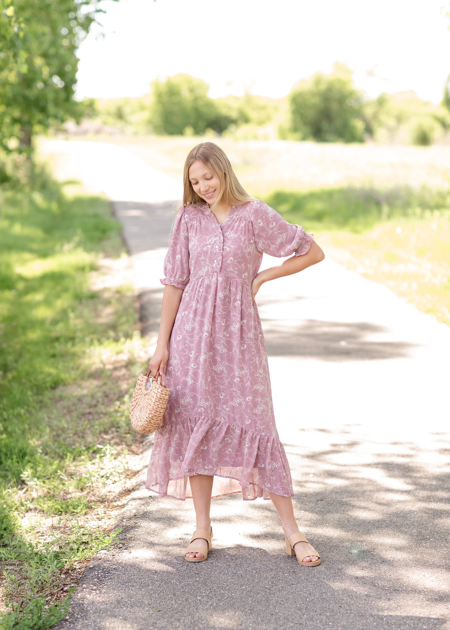 Vintage Floral Button Front Maxi Dress - FINAL SALE Dresses Pink / S
