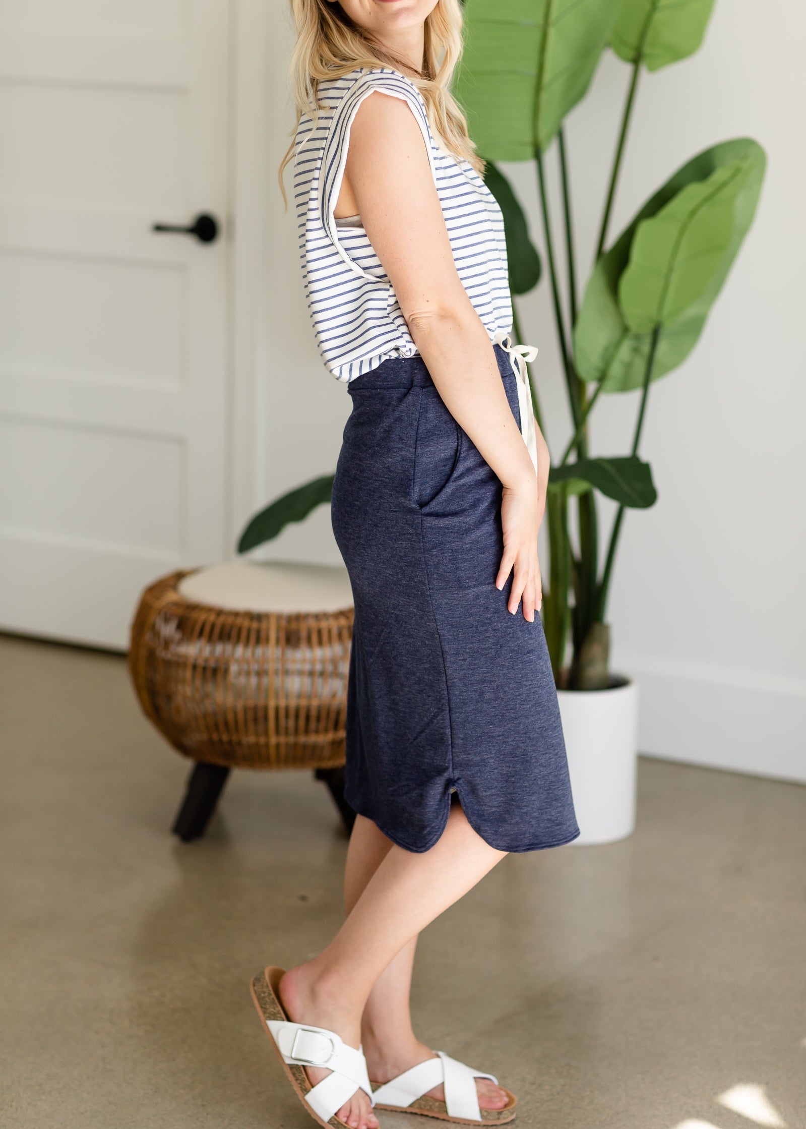 Vintage Navy Elastic Waist Midi Skirt - FINAL SALE Skirts