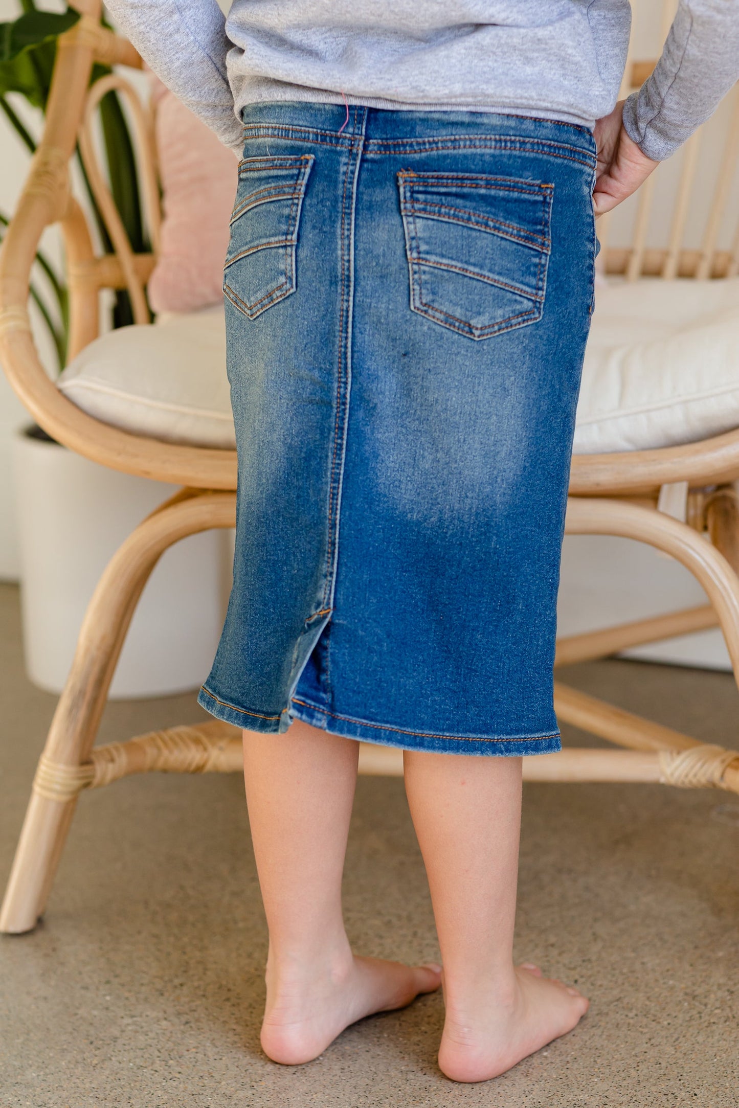 Vintage Stretch Waist Midi Denim Skirt Skirts