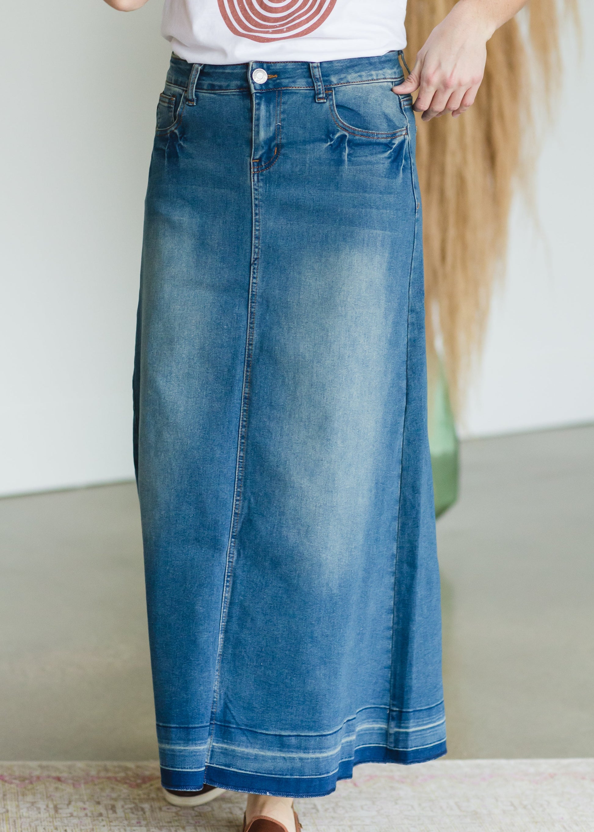 Vintage Washed Raw Hem Long Denim Skirt - FINAL SALE Skirts