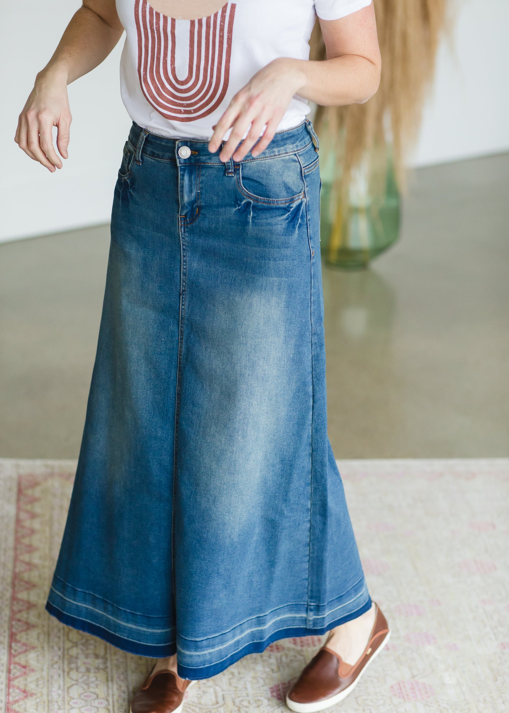Vintage Washed Raw Hem Long Denim Skirt - FINAL SALE Skirts