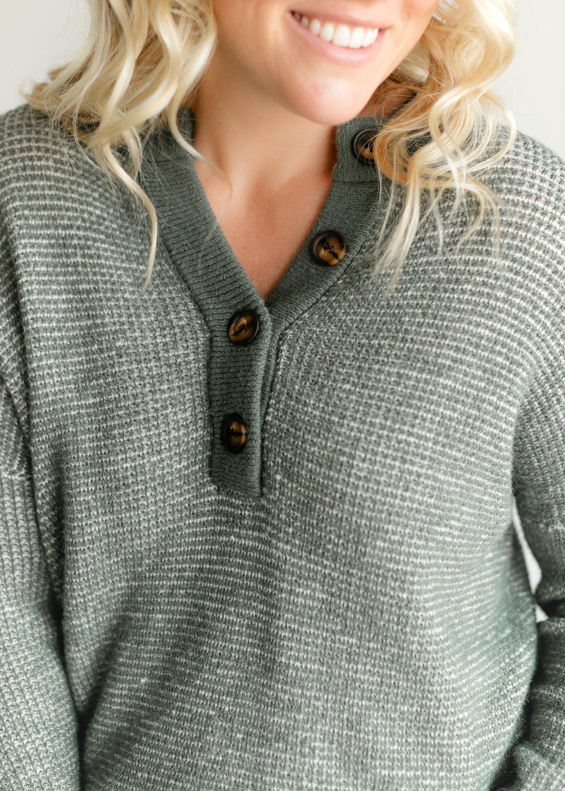 Waffle Henley Neck Sweater FF Tops