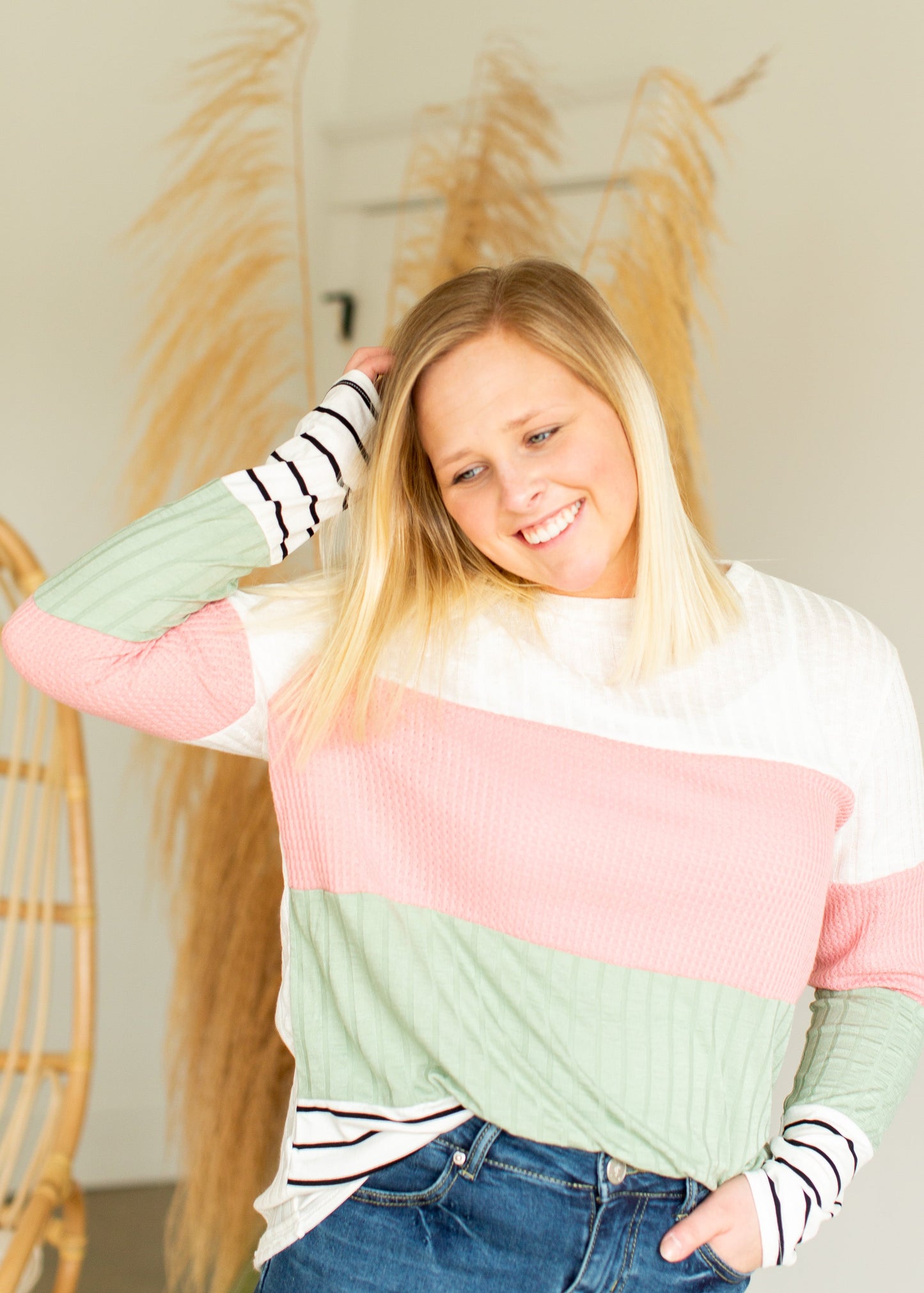 Waffle Knit Colorblock Striped Top - FINAL SALE Tops