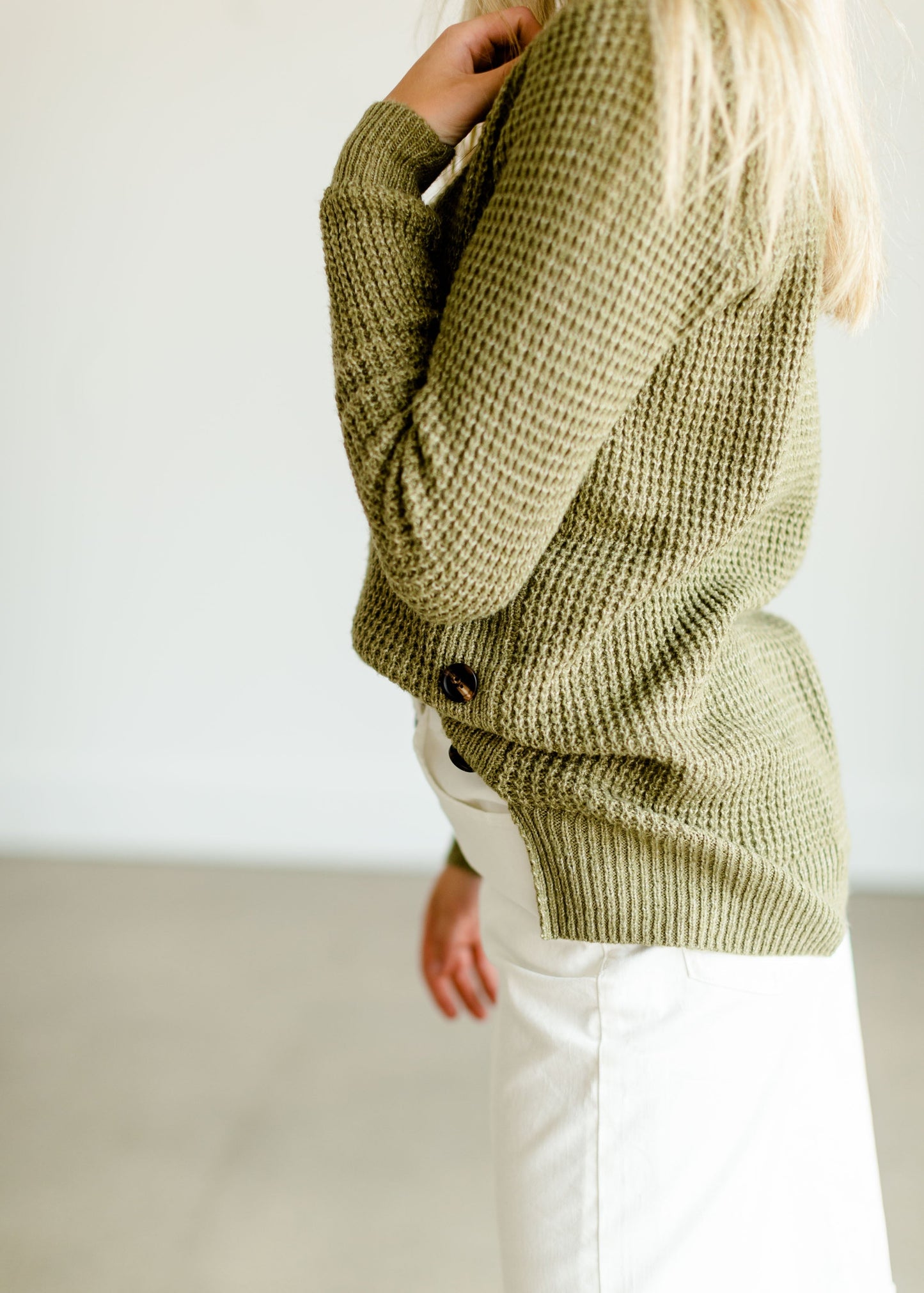 Waffle Knit Side Button Crew Neck Sweater FF Tops