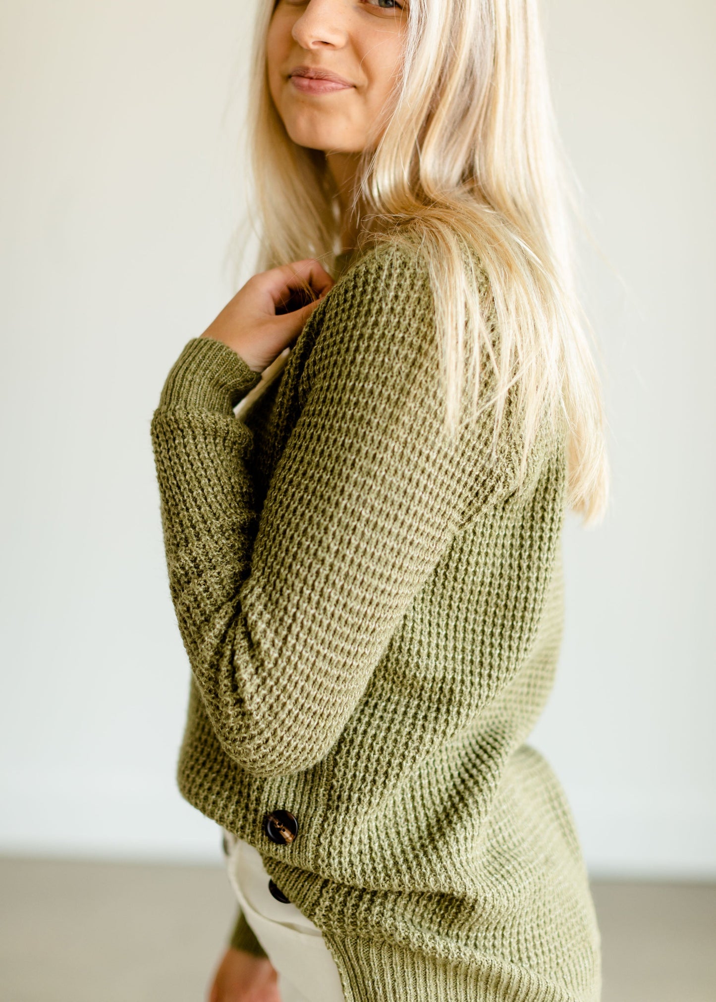 Waffle Knit Side Button Crew Neck Sweater FF Tops