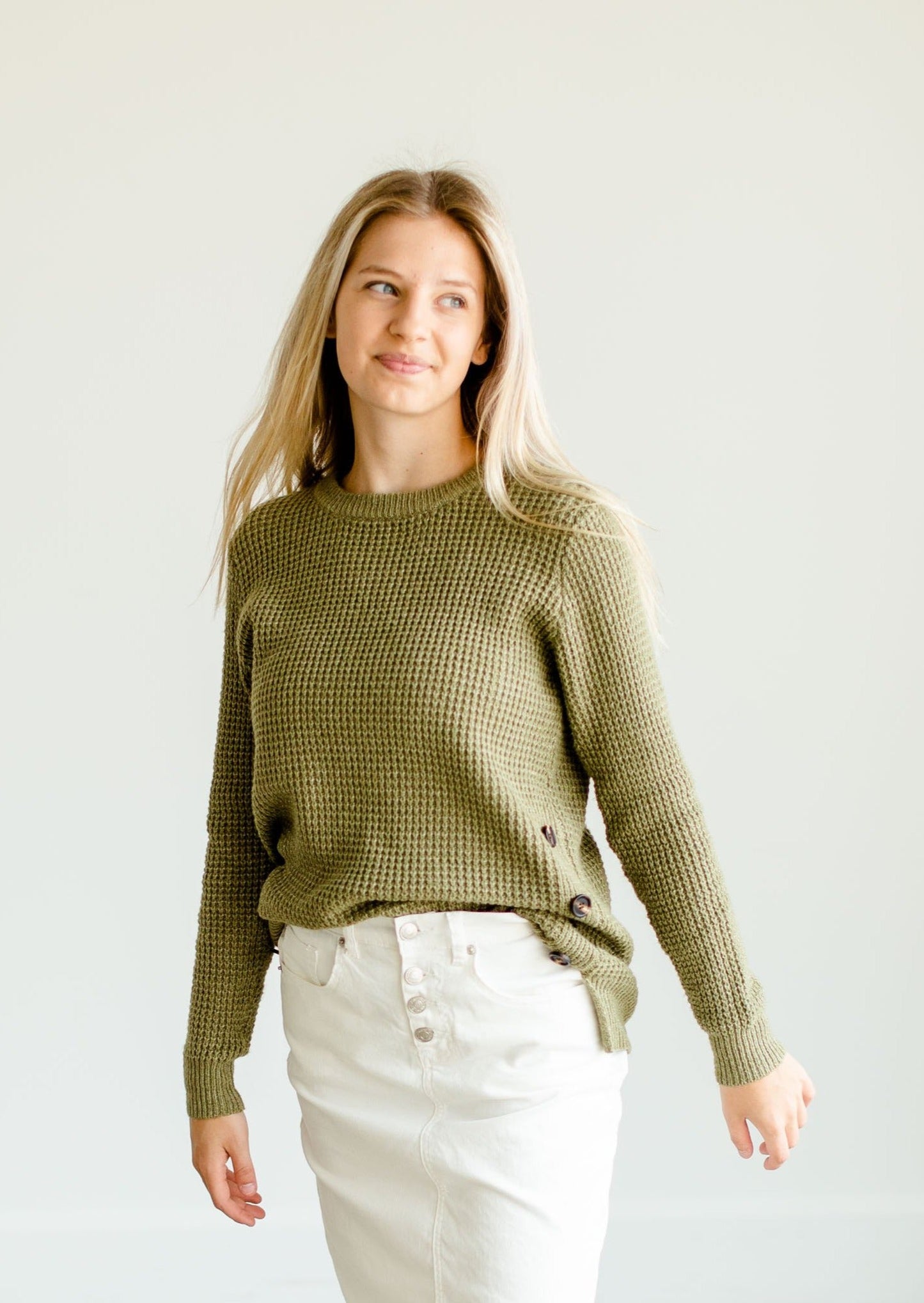 Waffle Knit Side Button Crew Neck Sweater Tops