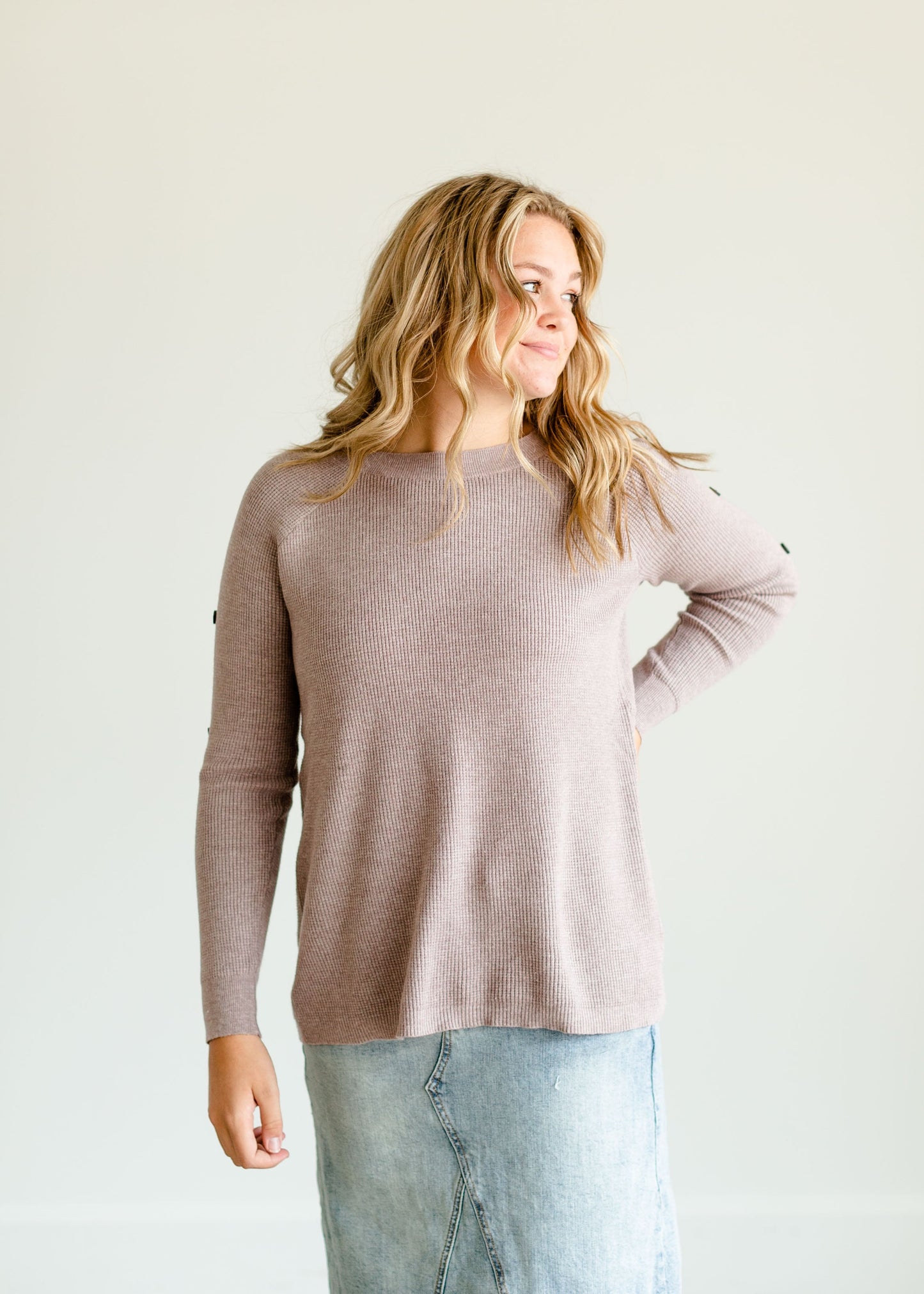 Waffle Knit Sleeve Button Crew Neck Sweater Tops