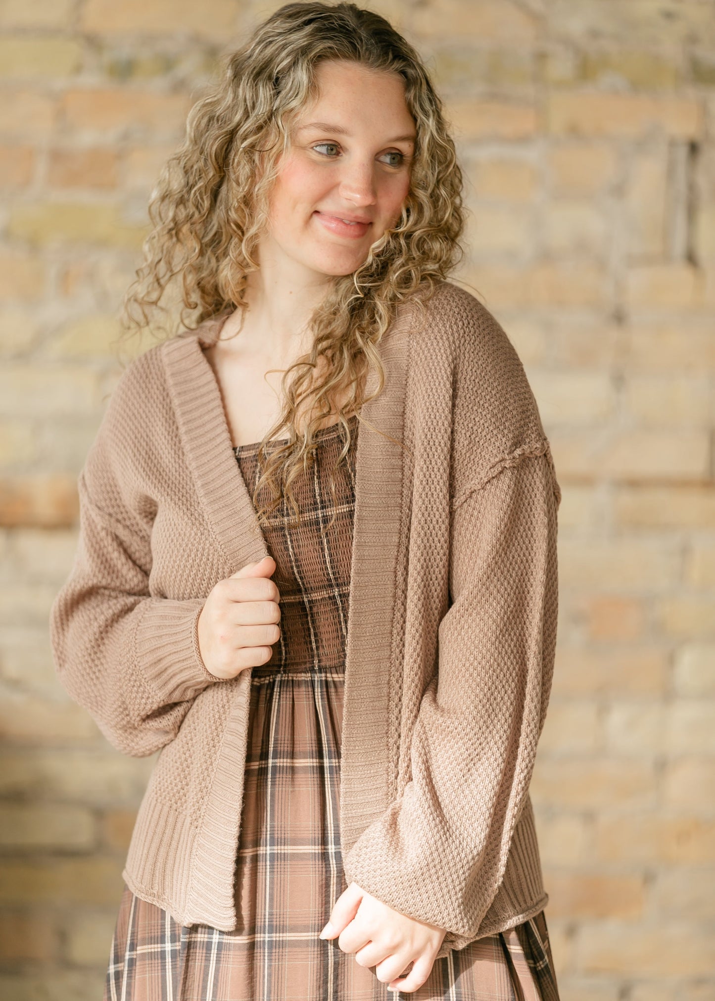 Waffle Open Front Balloon Sleeve Cardigan FF Layering Essentials