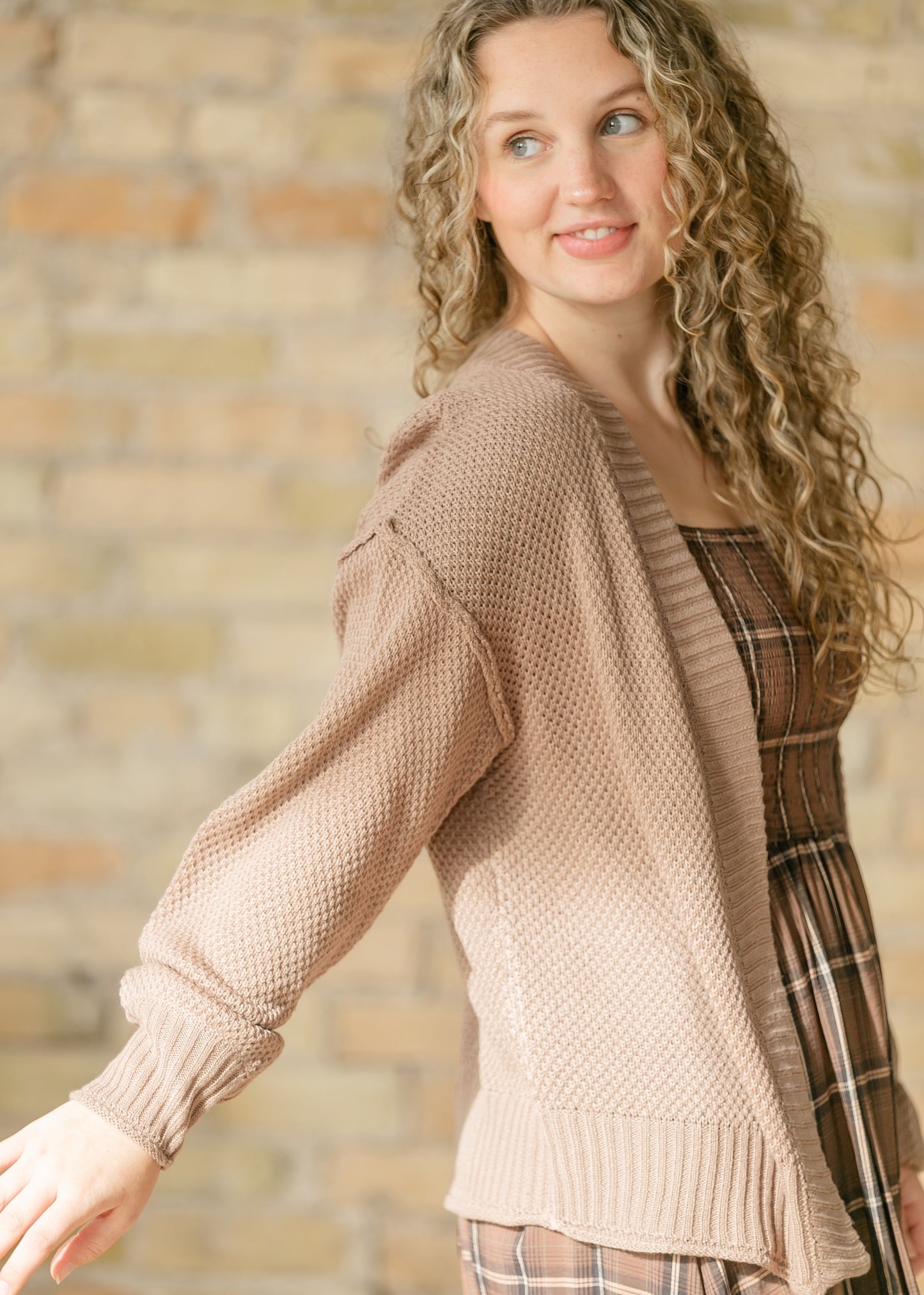 Waffle Open Front Balloon Sleeve Cardigan FF Layering Essentials