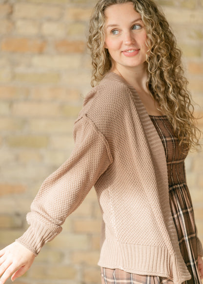 Waffle Open Front Balloon Sleeve Cardigan FF Layering Essentials