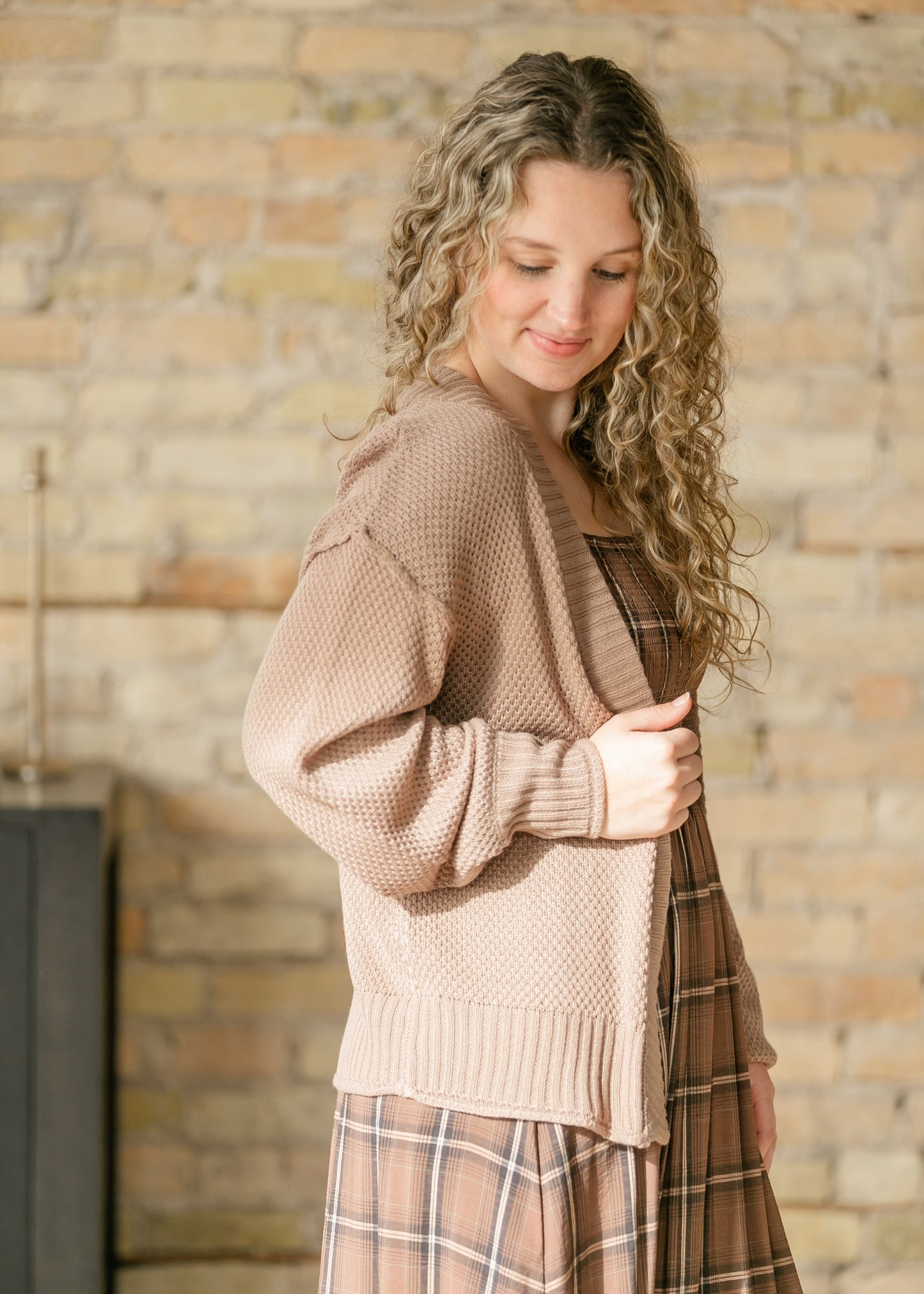 Waffle Open Front Balloon Sleeve Cardigan FF Layering Essentials