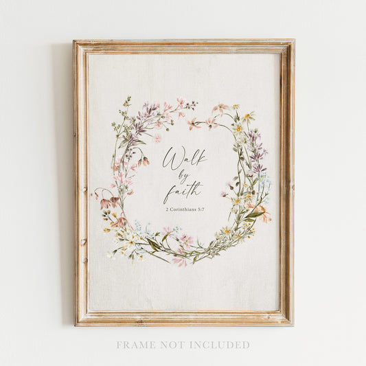Walk by Faith Floral Wreath Wall Art Print Christian Decor FF Home + Lifestyle