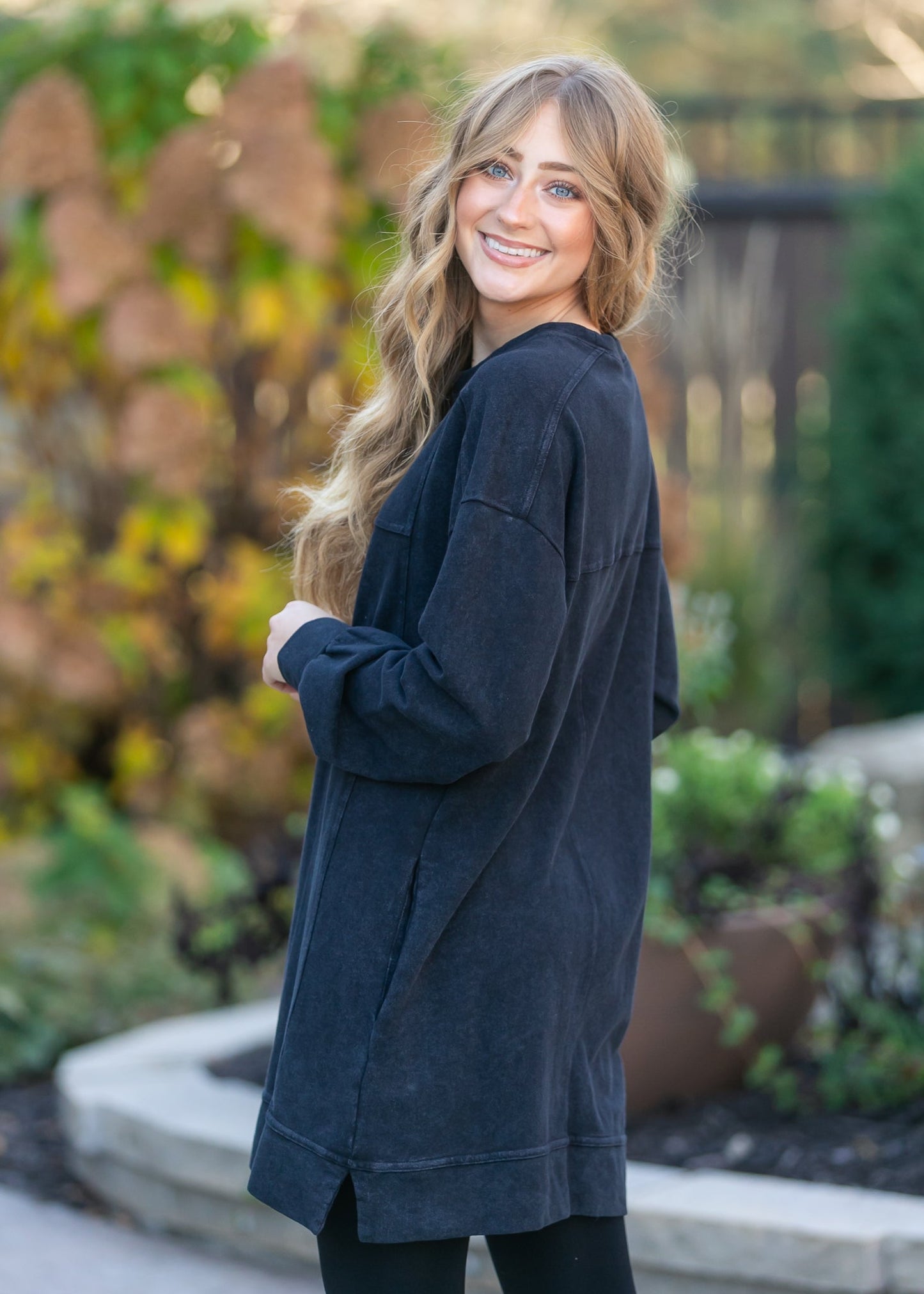 Washed Black Long Sleeve Midi Dress FF Dresses