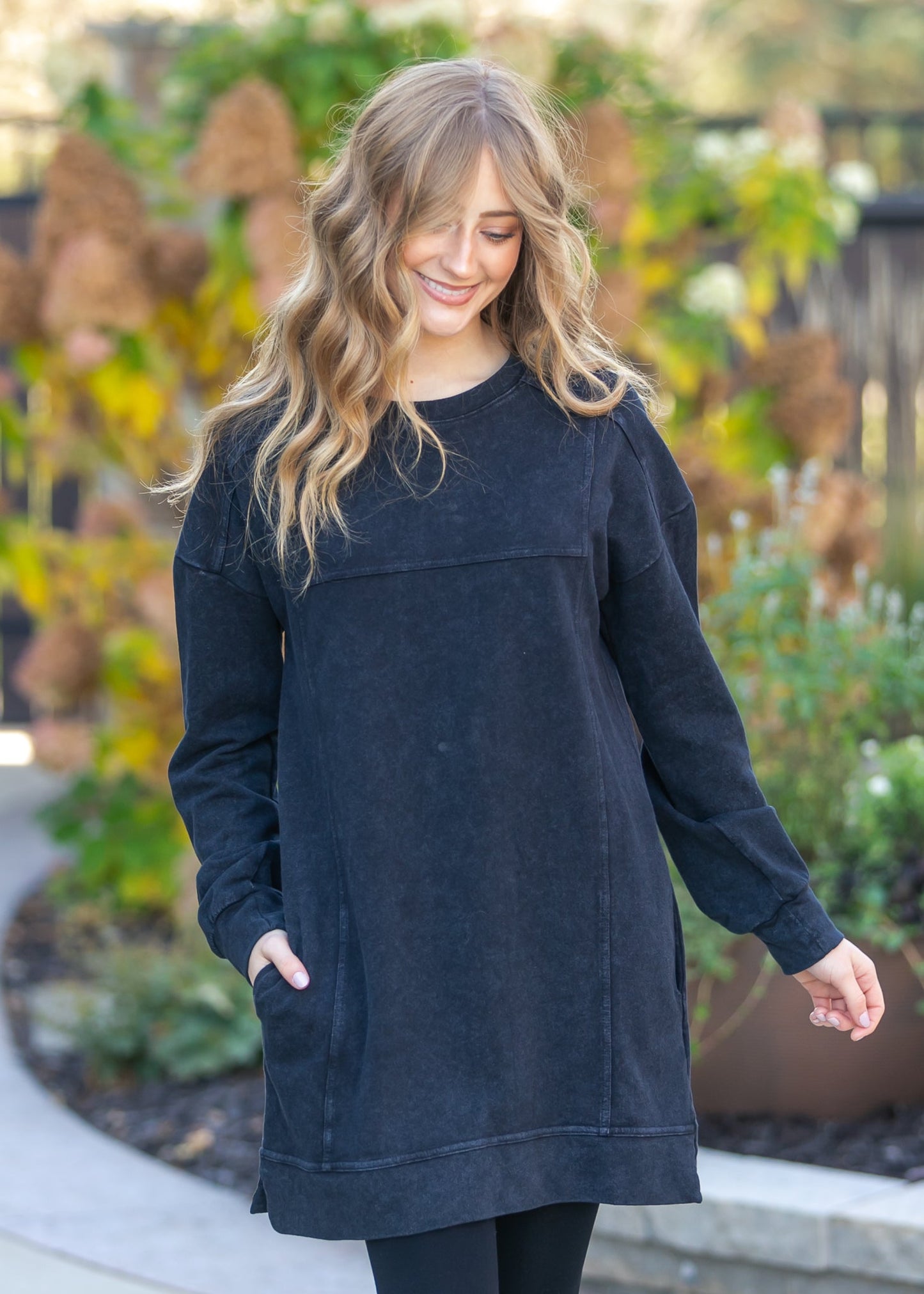 Washed Black Long Sleeve Midi Dress FF Dresses