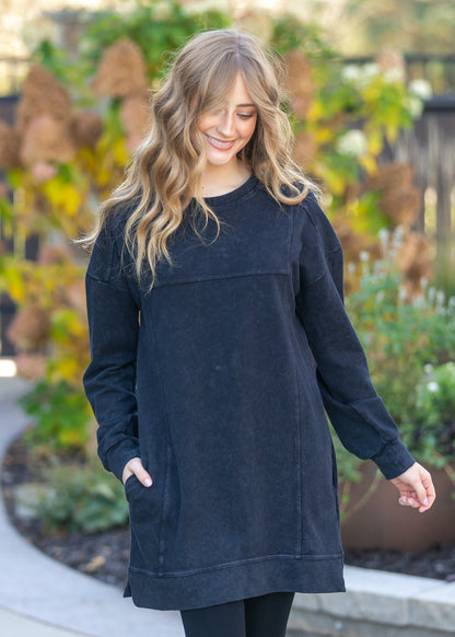 Washed Black Long Sleeve Midi Dress FF Dresses