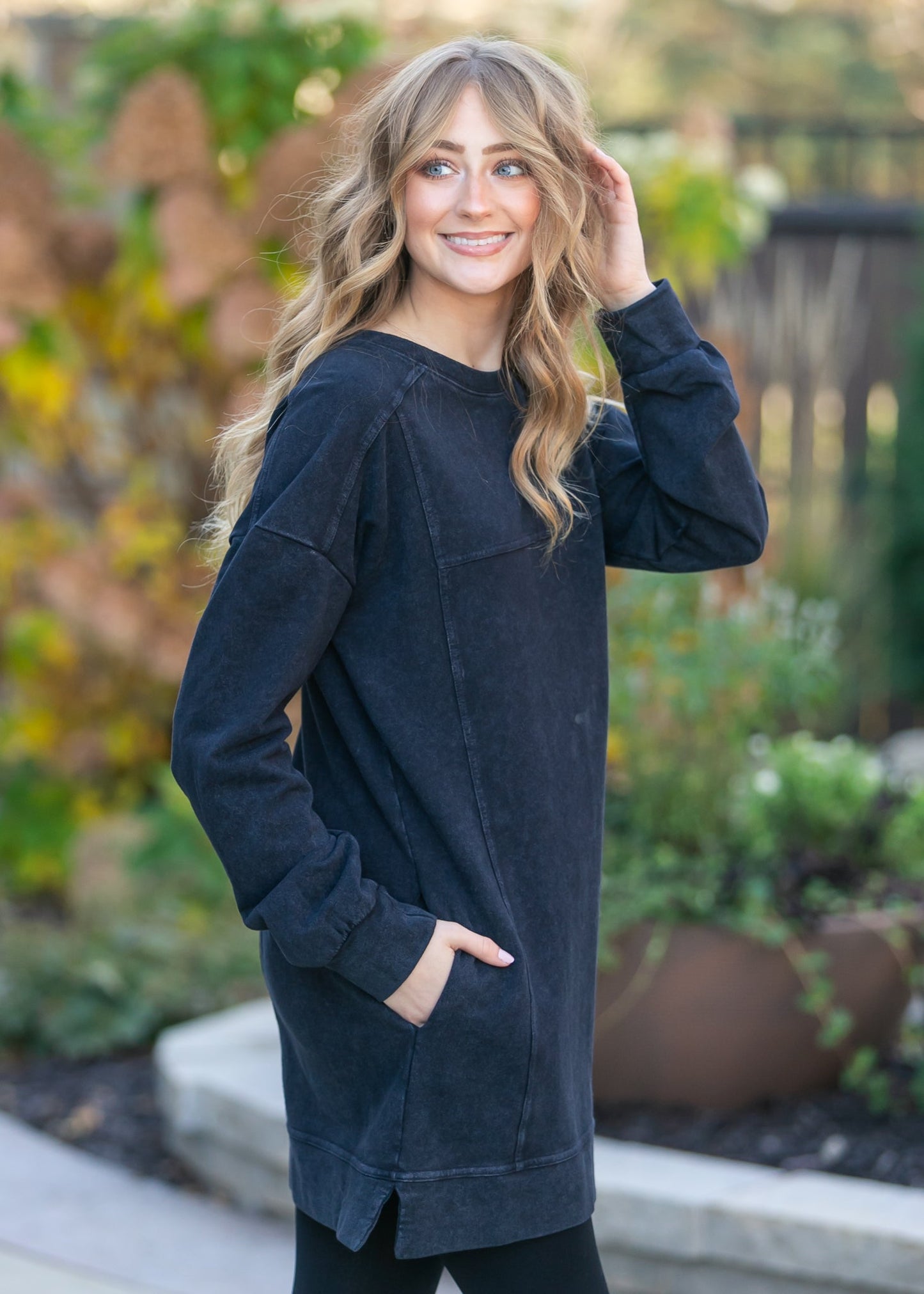 Washed Black Long Sleeve Midi Dress FF Dresses