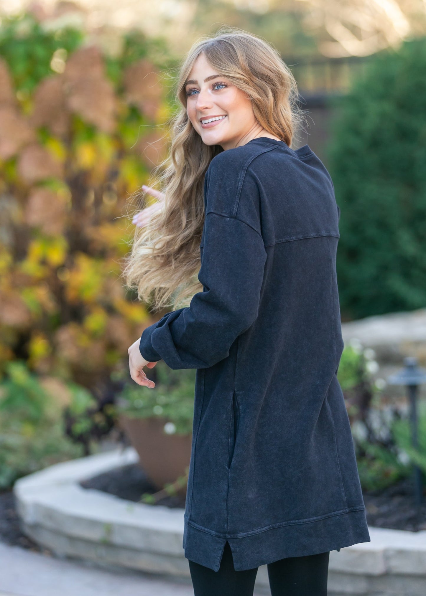 Washed Black Long Sleeve Midi Dress FF Dresses