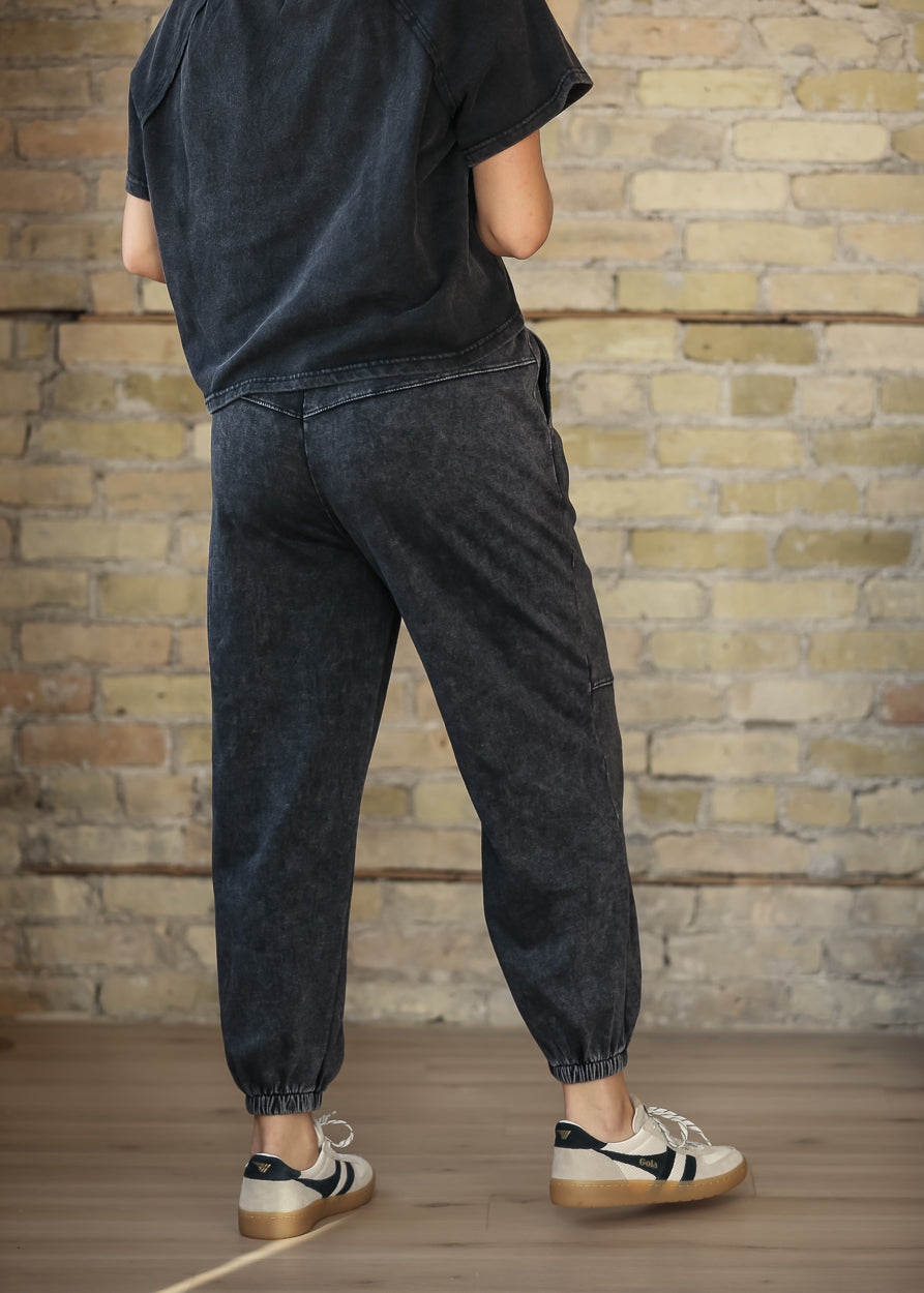 Washed Black Paneled Knit Joggers FF Pants