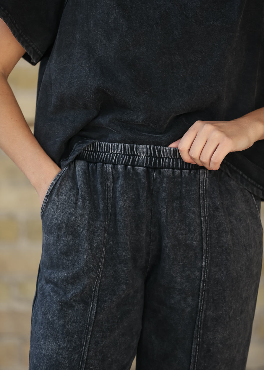 Washed Black Paneled Knit Joggers FF Pants