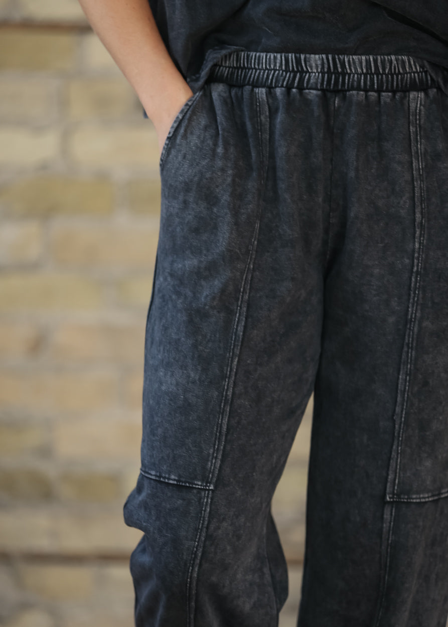 Washed Black Paneled Knit Joggers FF Pants