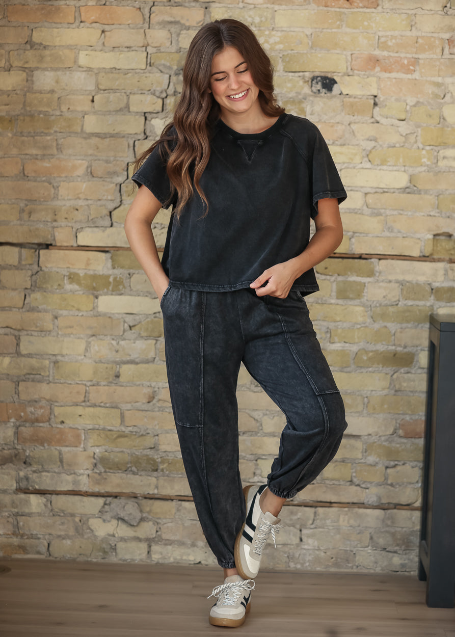 Washed Black Paneled Knit Joggers FF Pants S