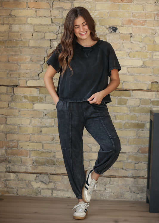 Washed Black Paneled Knit Joggers FF Pants S