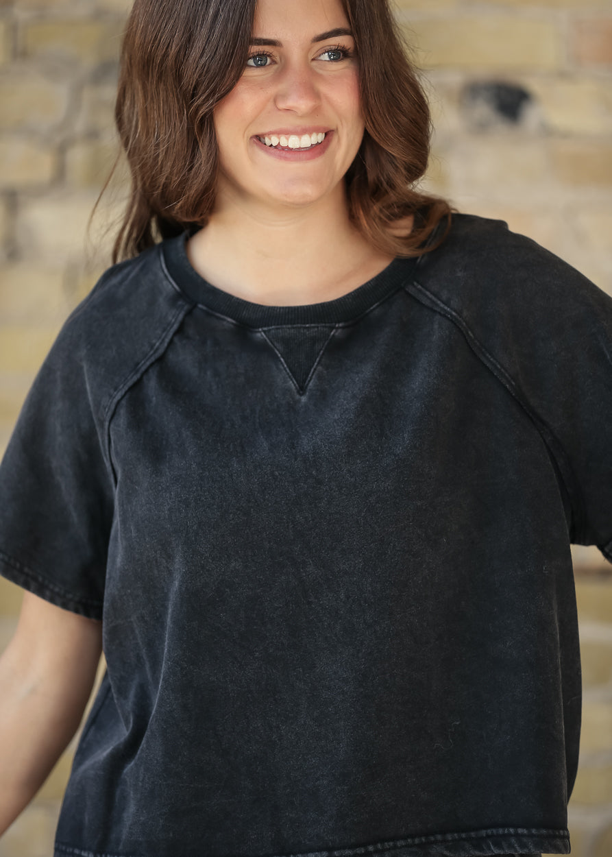 Washed Black Short Sleeve Sweatshirt FF Tops