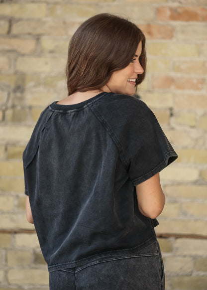 Washed Black Short Sleeve Sweatshirt FF Tops