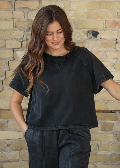 Washed Black Short Sleeve Sweatshirt FF Tops