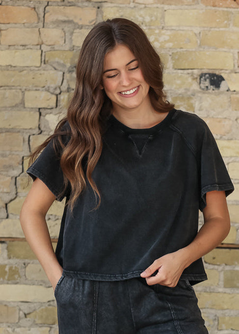 Washed Black Short Sleeve Sweatshirt FF Tops S