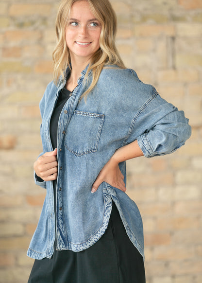 Washed Chambray Long Sleeve Top FF Tops