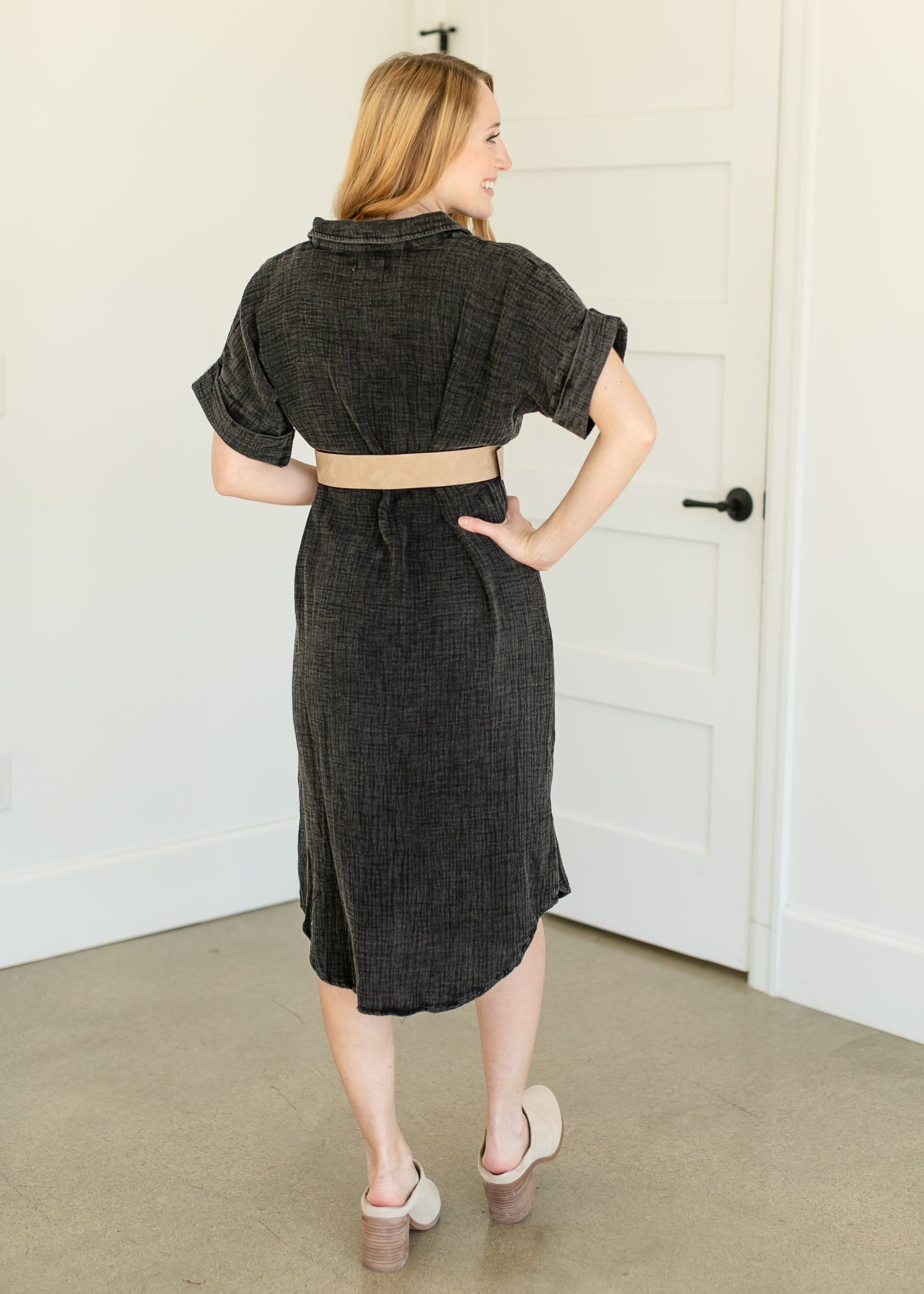 Washed Cotton Gauze Button Down Midi Dress FF Dresses