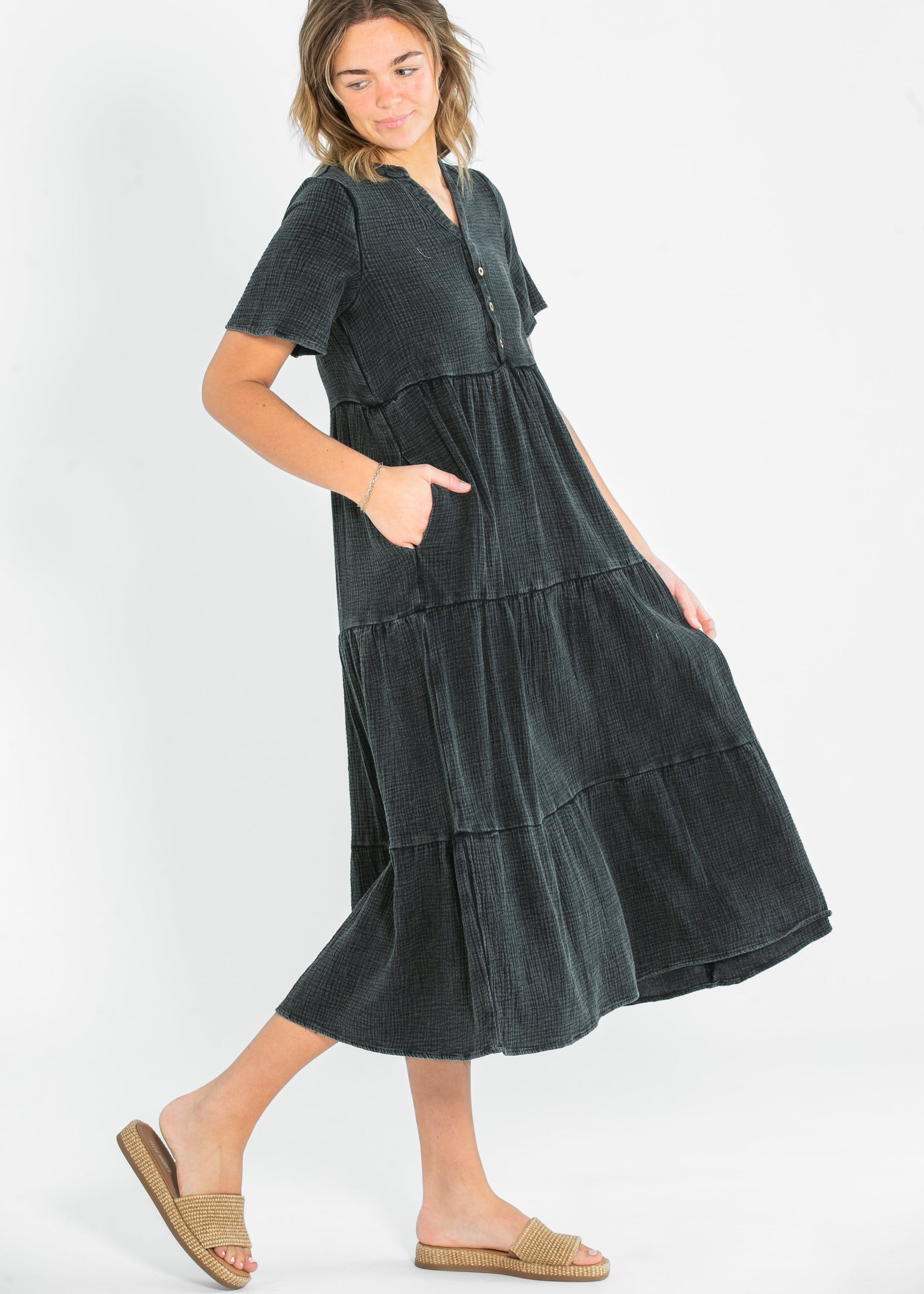 Washed Cotton Tiered Maxi Dress FF Dresses