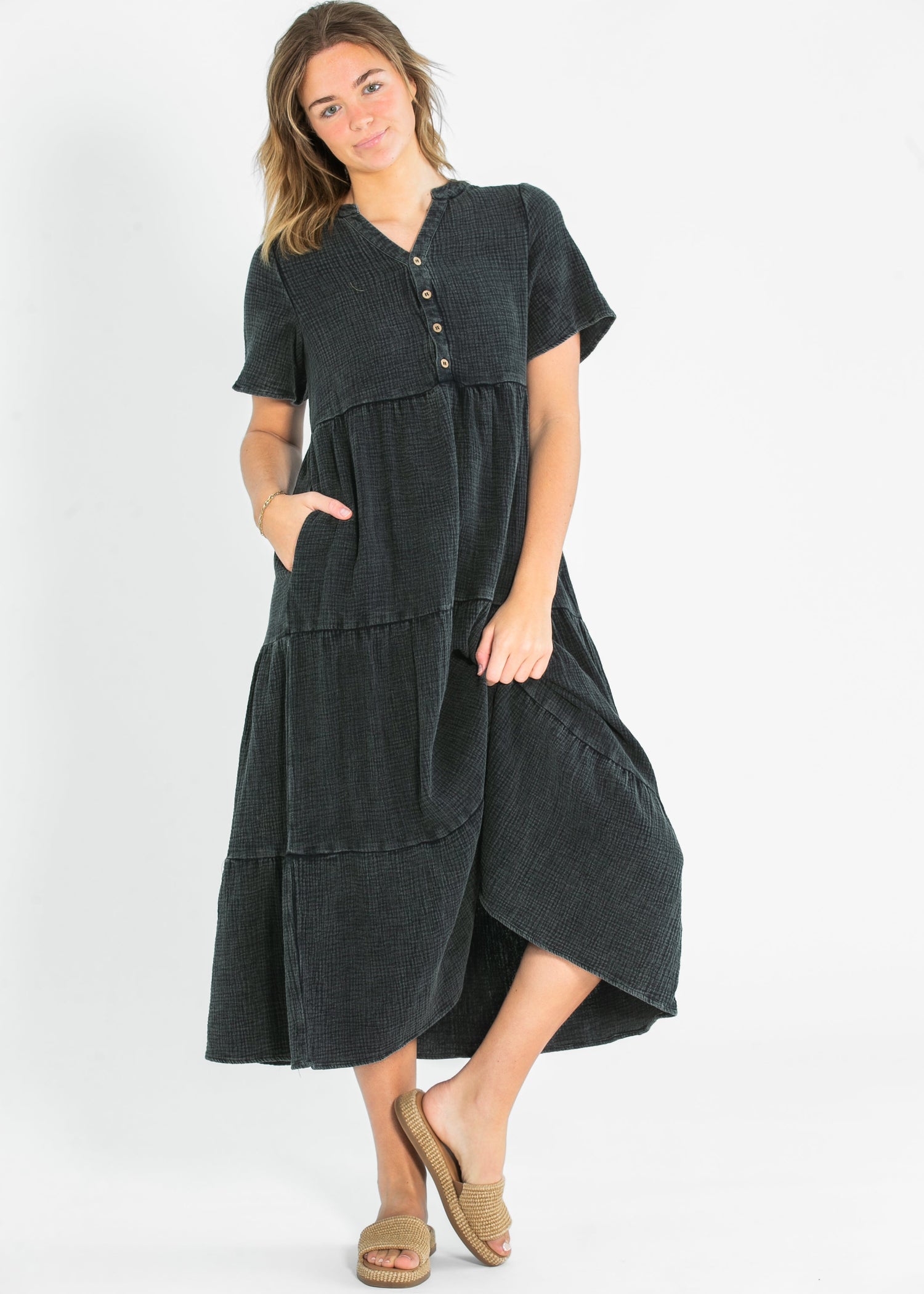 Washed Cotton Tiered Maxi Dress FF Dresses