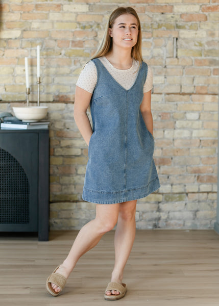 Washed Denim V-Neck Midi Dress  Inherit Co.
