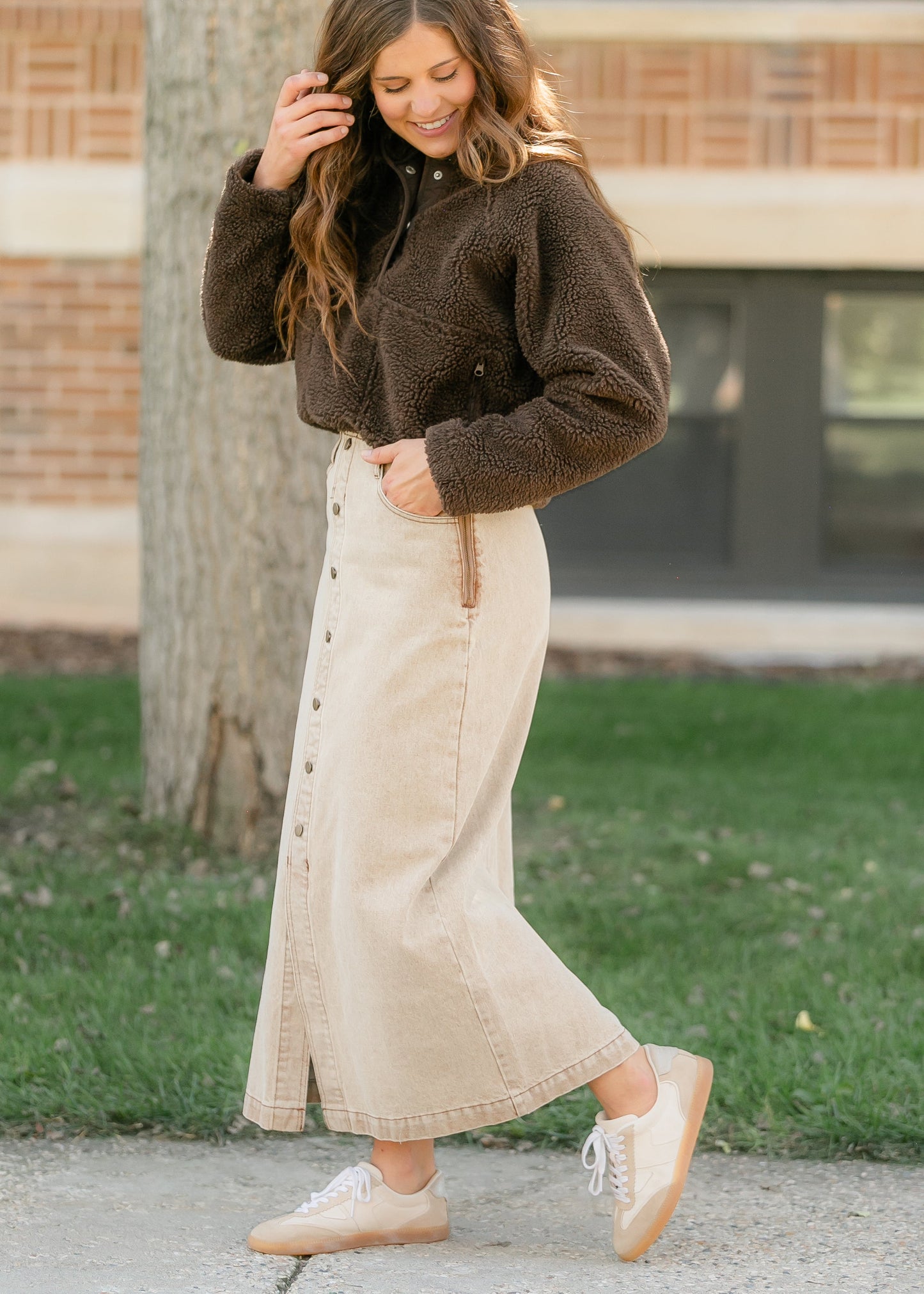 Washed Front Slit Denim Maxi Skirt FF Skirts