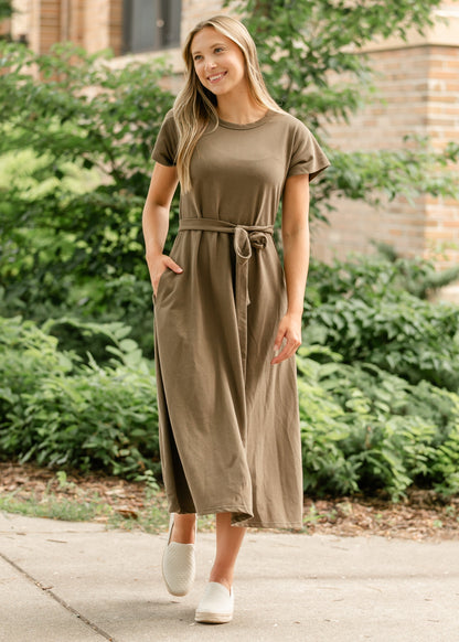 Washed Knit Waist Tie Midi Dress FF Dresses Olive / S