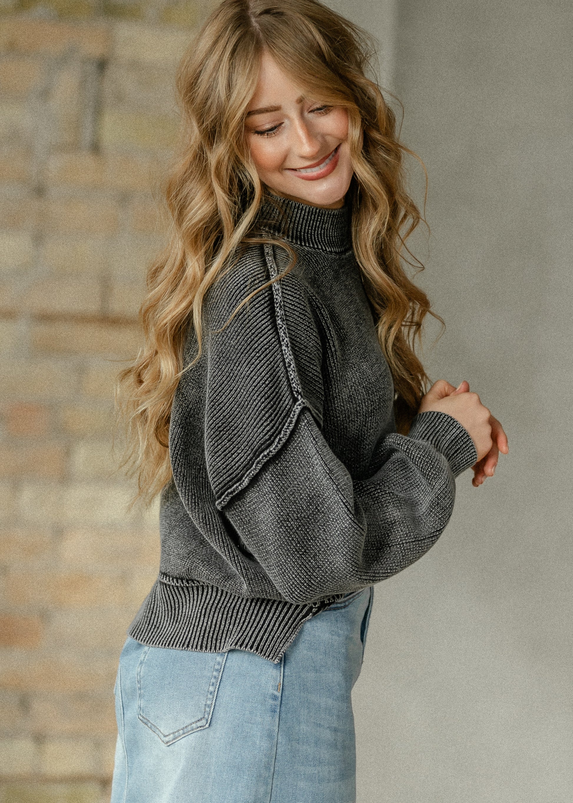 Washed Mock Neck Knit Pullover FF Tops