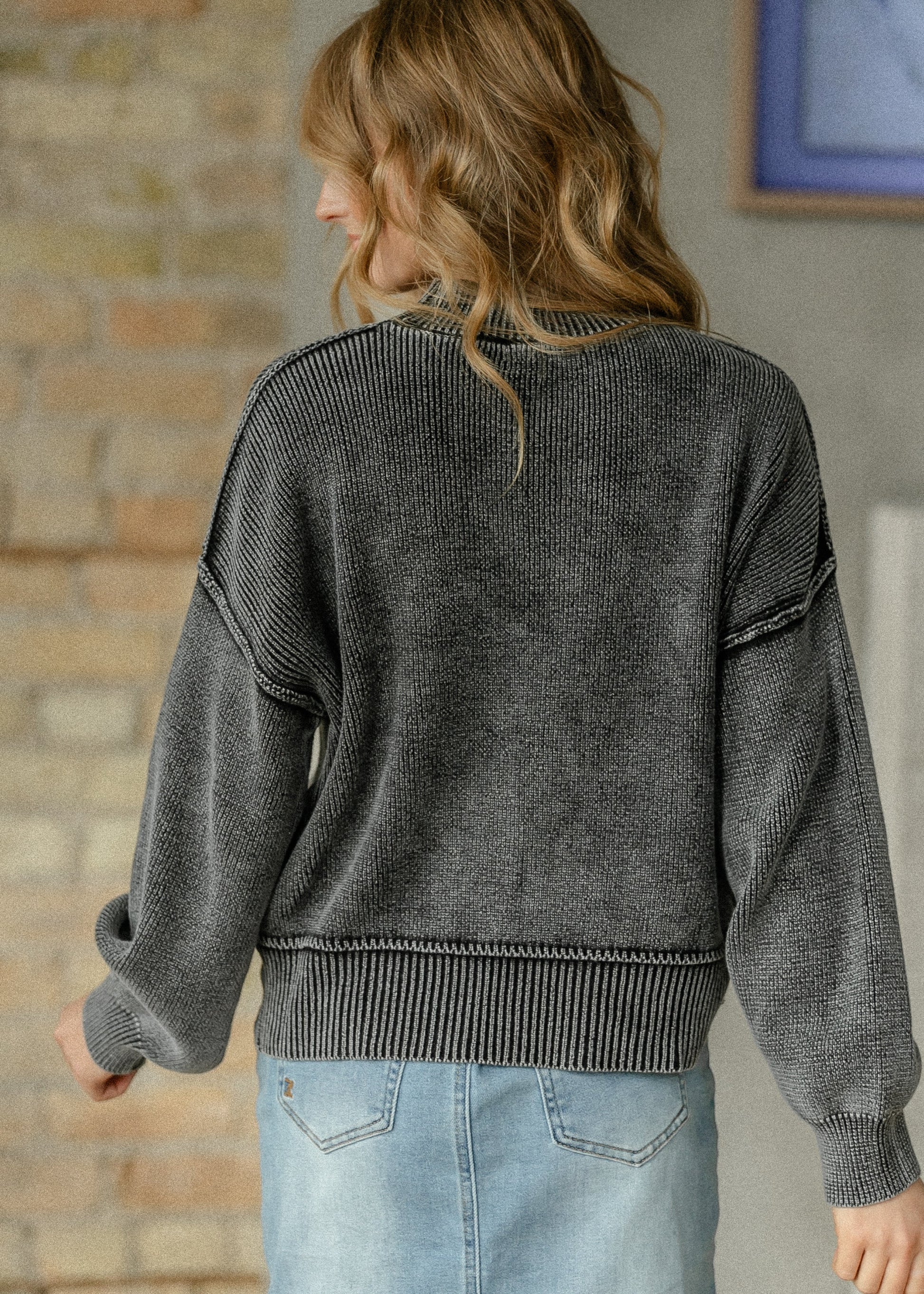 Washed Mock Neck Knit Pullover FF Tops