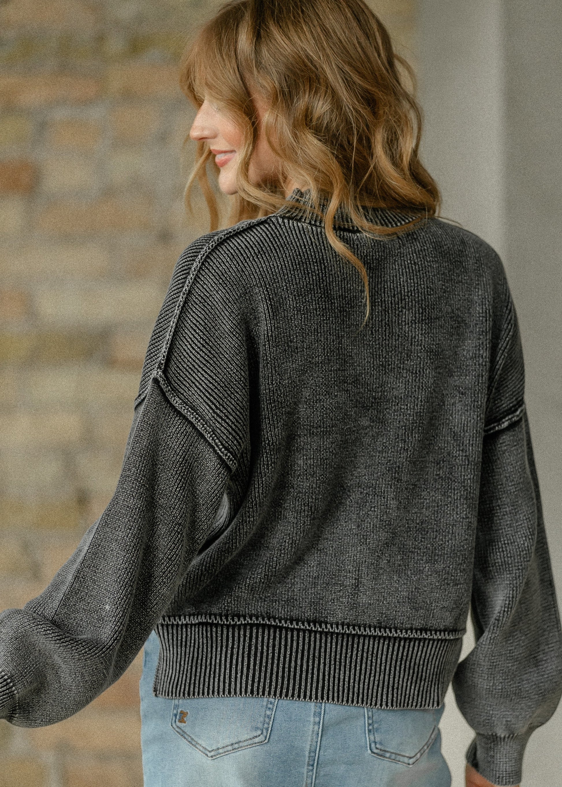 Washed Mock Neck Knit Pullover FF Tops