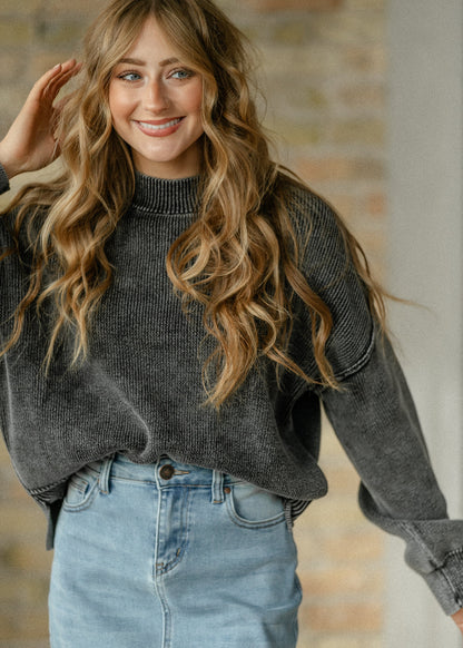 Washed Mock Neck Knit Pullover FF Tops