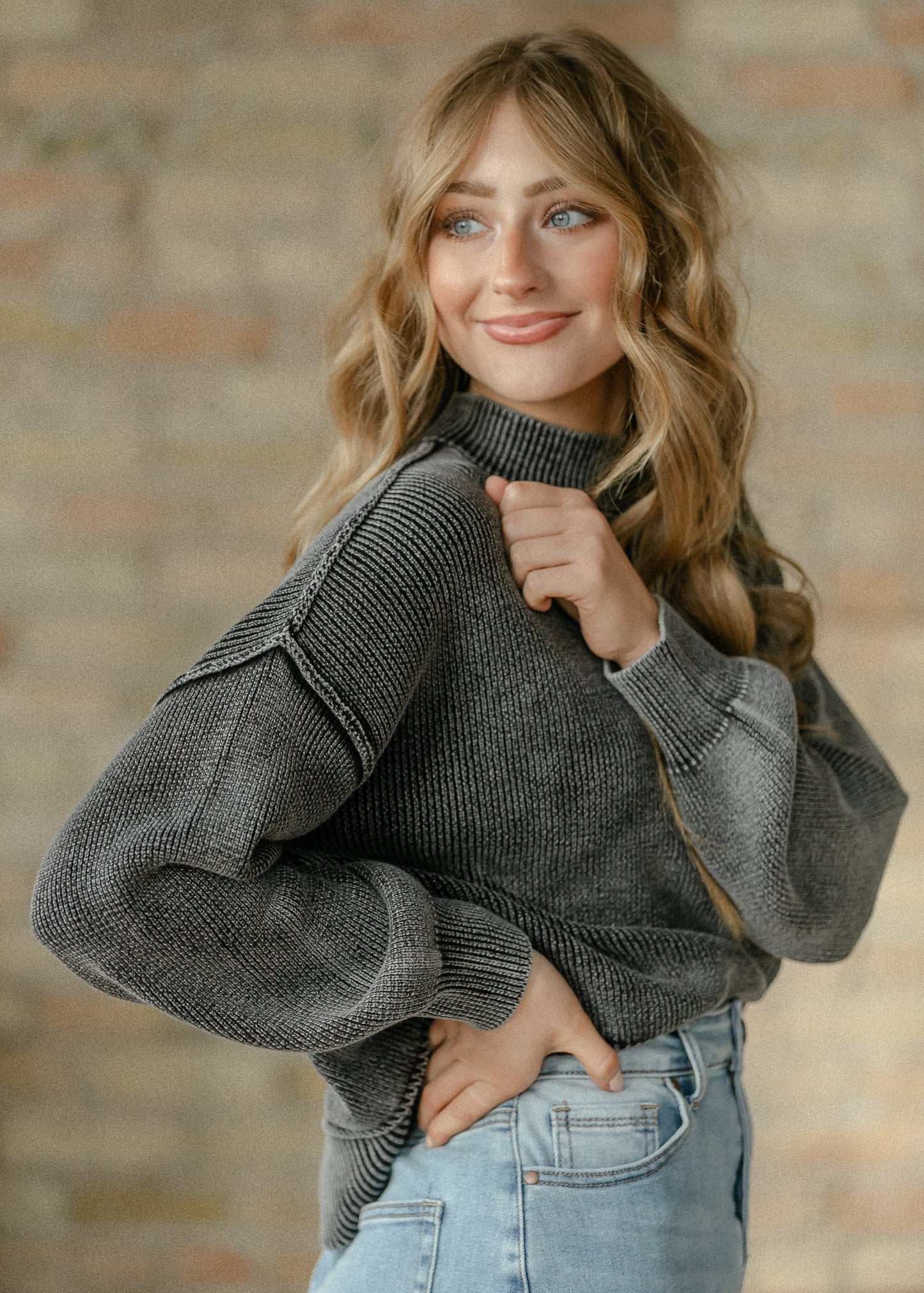 Washed Mock Neck Knit Pullover FF Tops