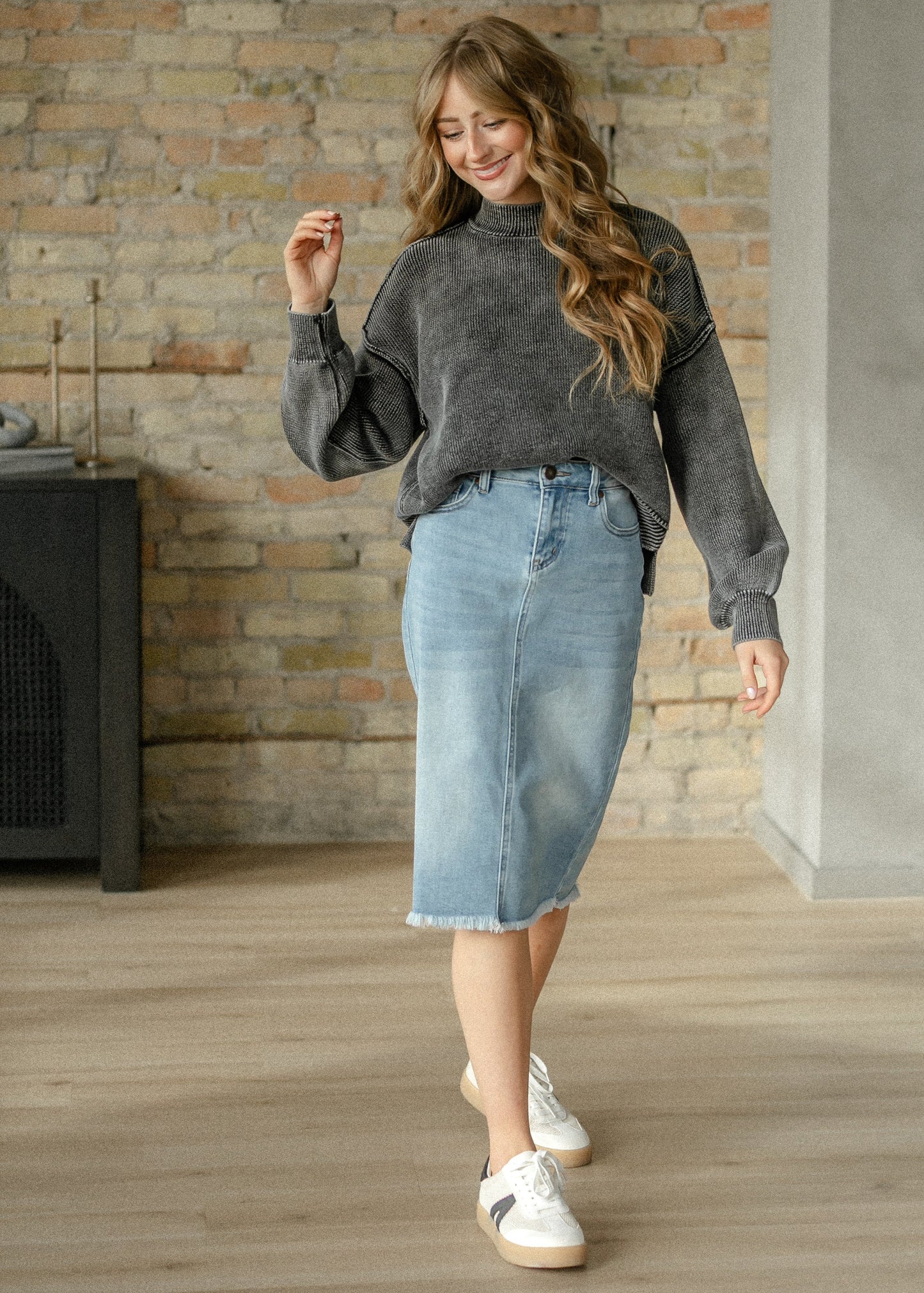 Washed Mock Neck Knit Pullover FF Tops