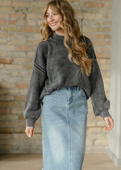 Washed Mock Neck Knit Pullover FF Tops