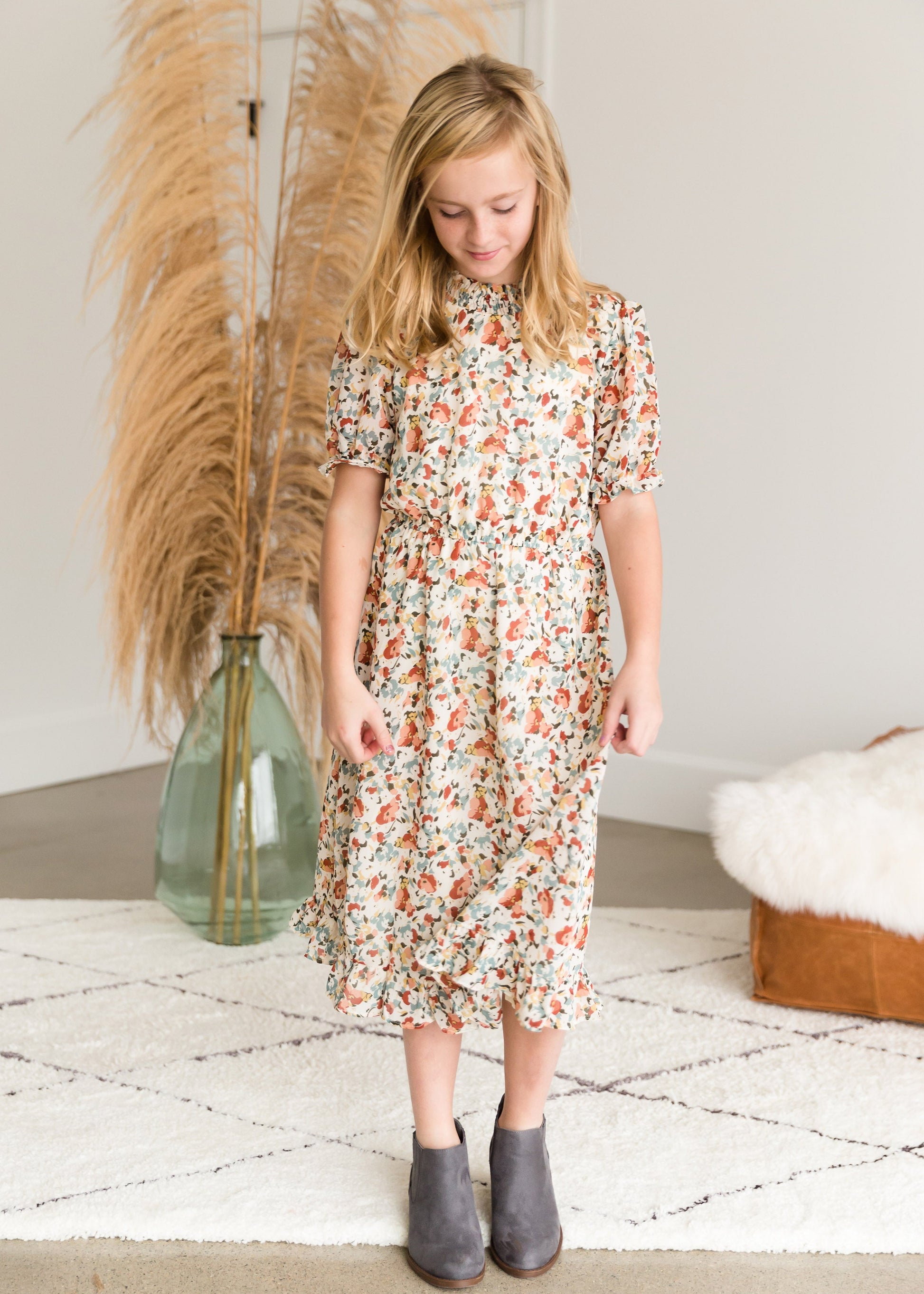 Watercolor Floral Mock Neck Midi Dress Dresses