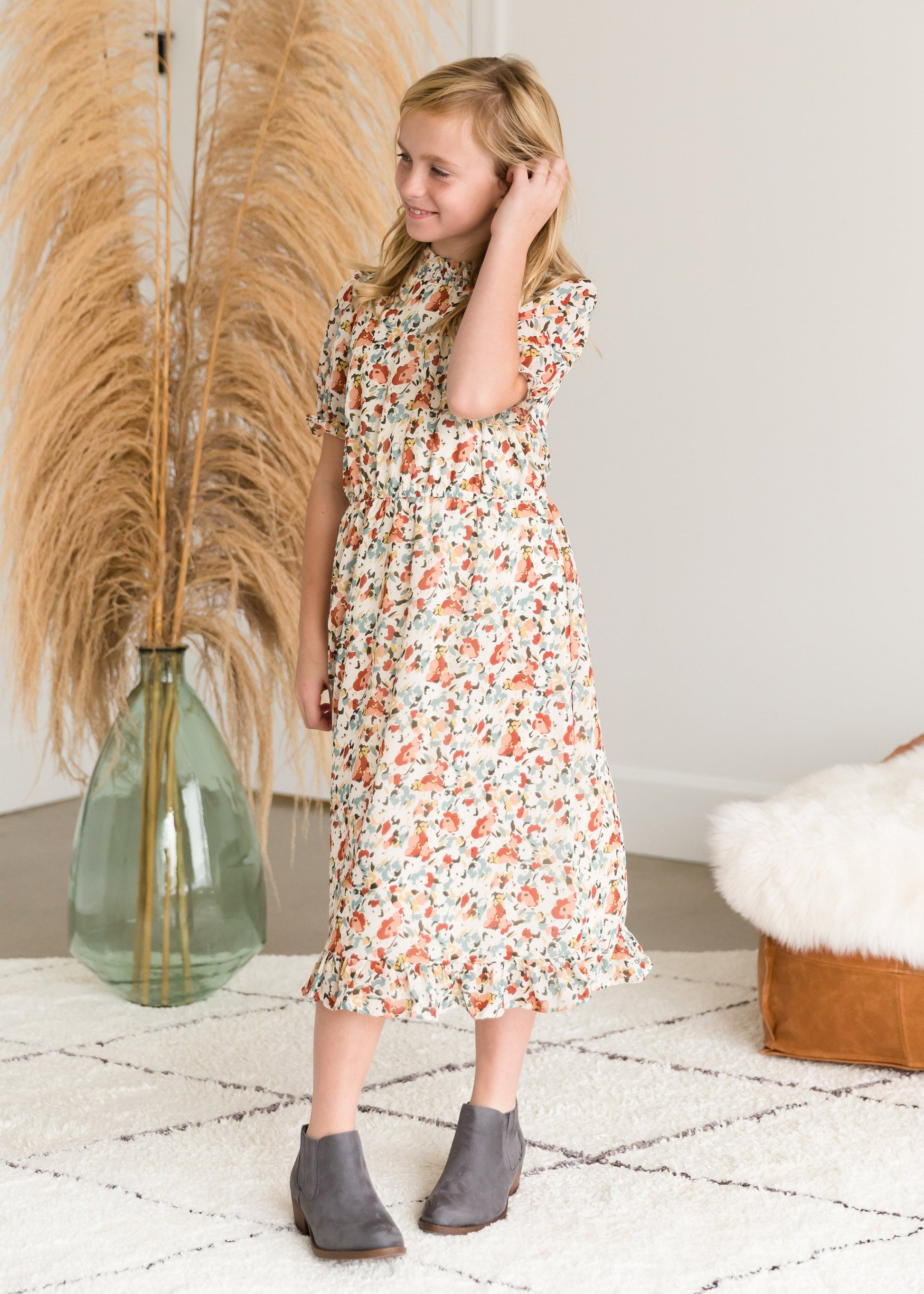 Watercolor Floral Mock Neck Midi Dress Dresses
